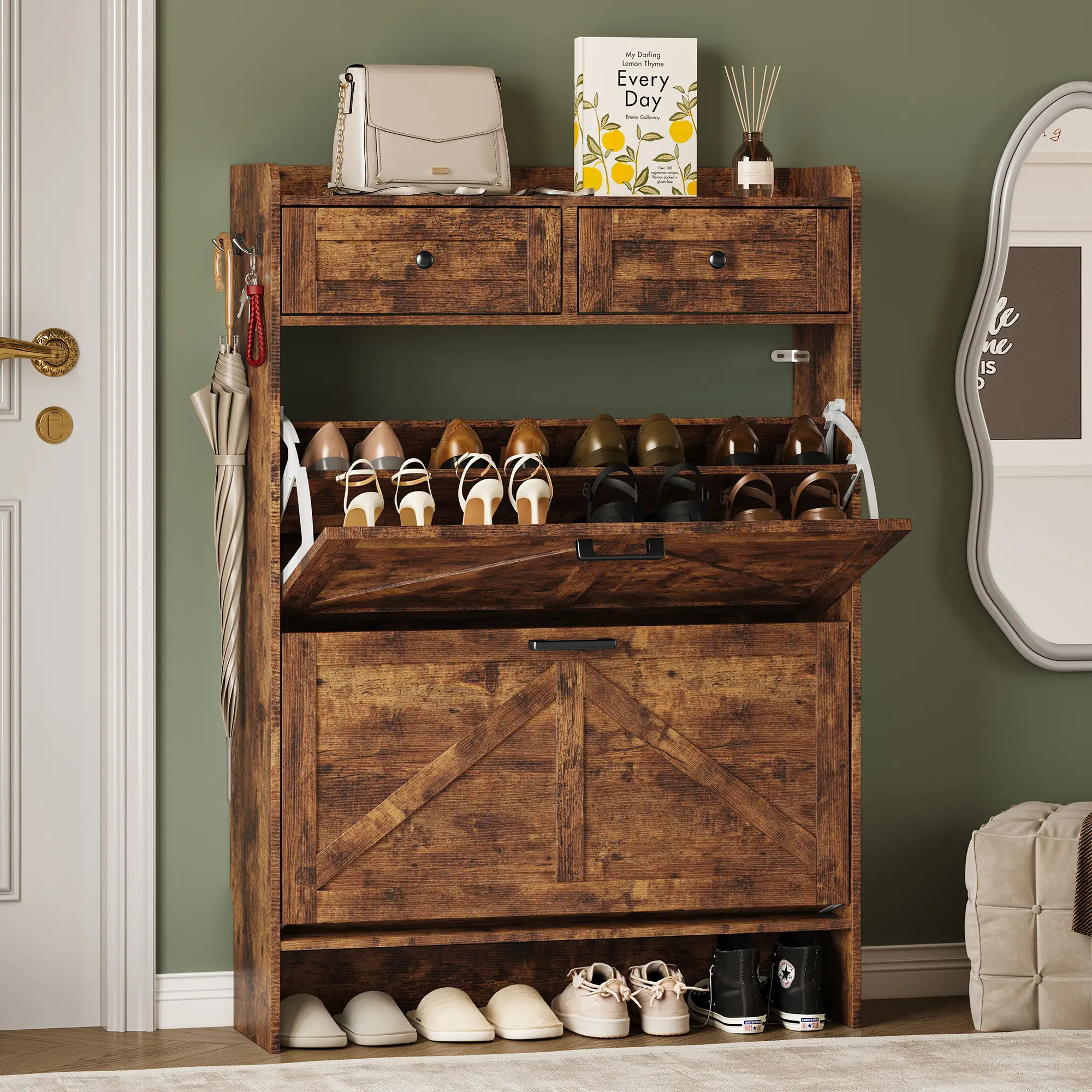 Shoe Storage Cabinet for Entryway, Farmhouse Wide Shoe Cabinet with 4 Flip Drawers and 2 Top Drawers, Freestanding Organizer with Adjustable Shelves, Hooks