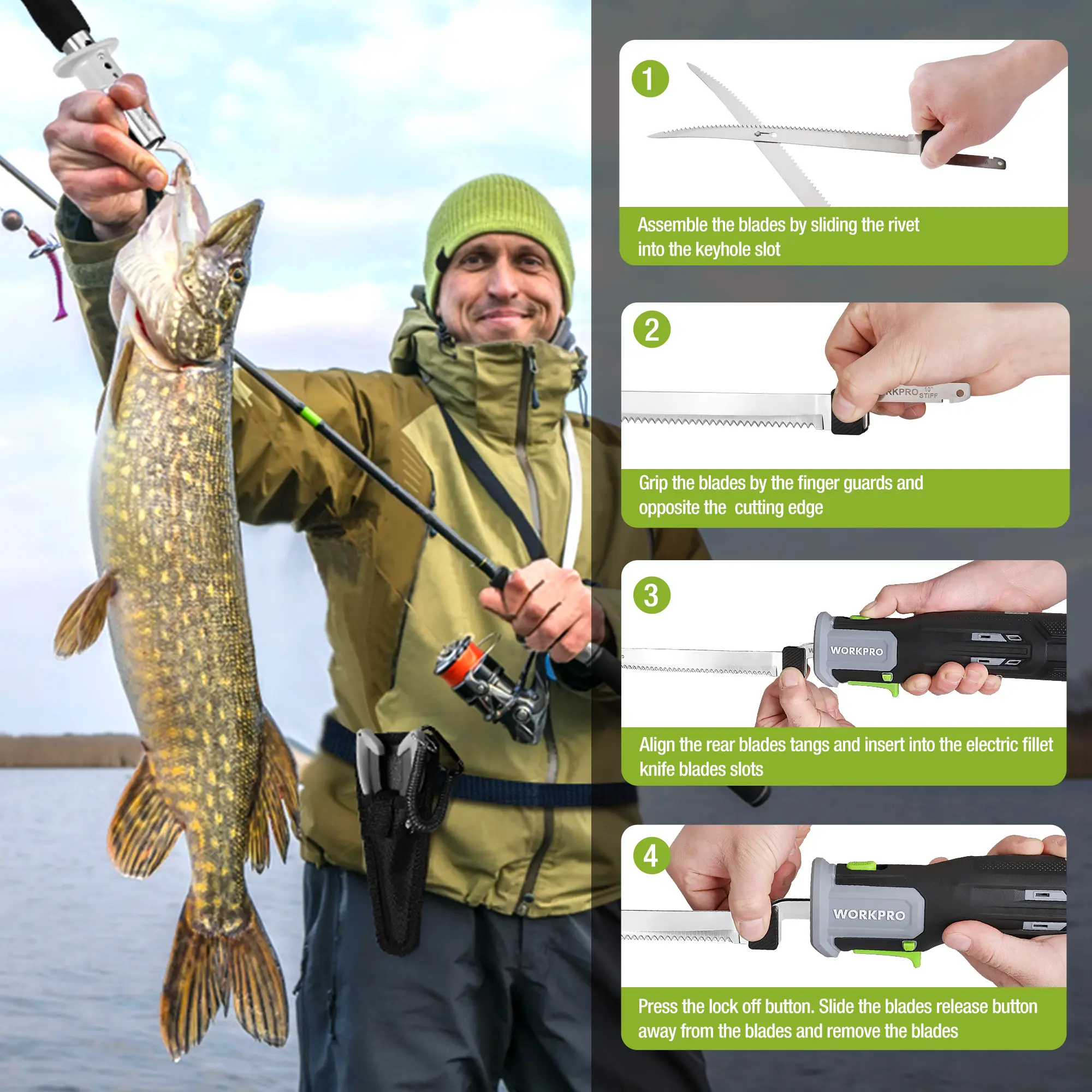 12V Cordless Electric Fillet Knife with 8"& 10"Razor-Sharp Blades, Cordless Fillet Knife with Non-slip Grip Handle and Safety Lock, 2 Rechargeable Battery Packs, 1 Quick Battery Charger, and 1 Storage Carry Case for Fishing