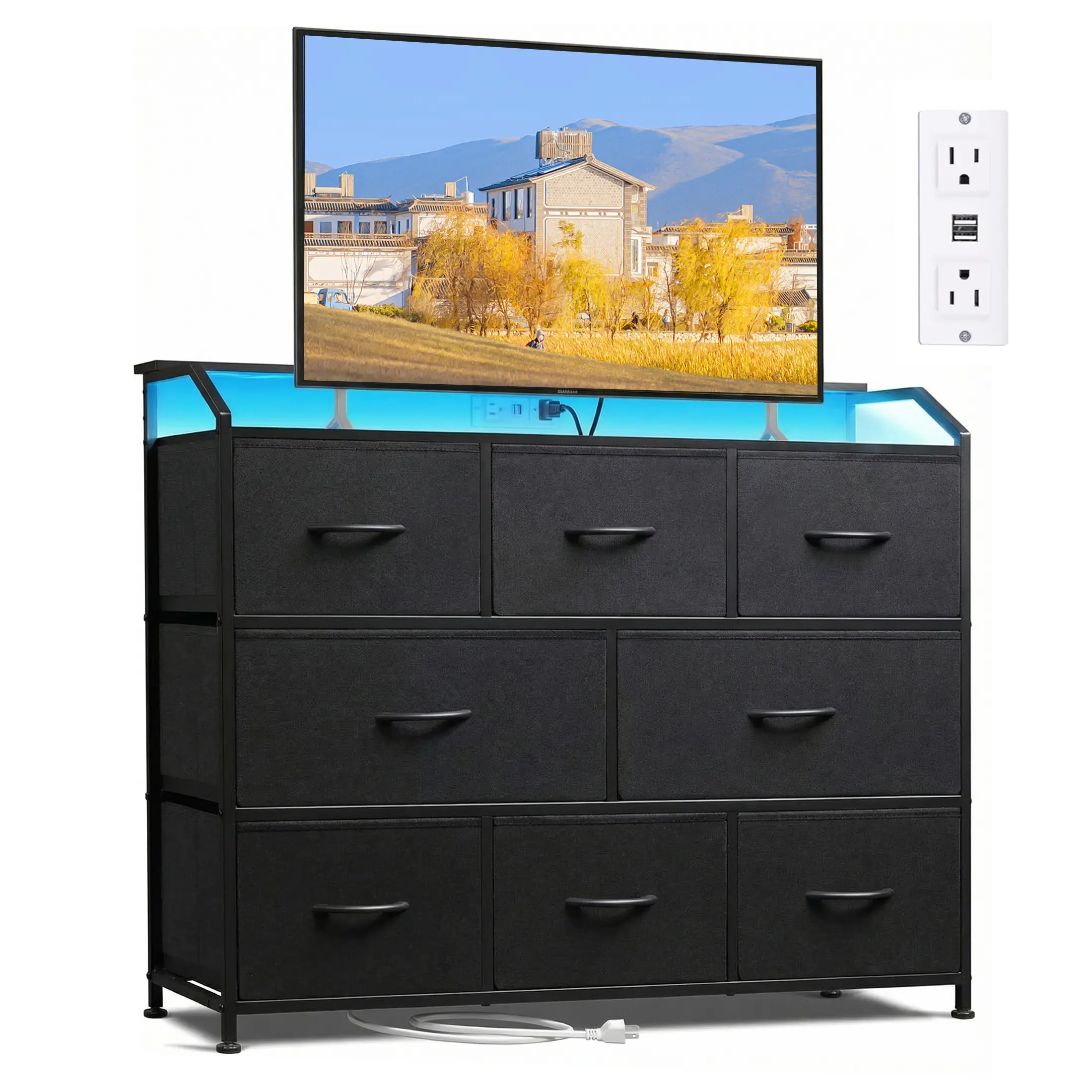 8-Drawer Storage Dresser – Modern TV Stand with Power Outlets, LED Lights & Multifunctional Storage Cabinet