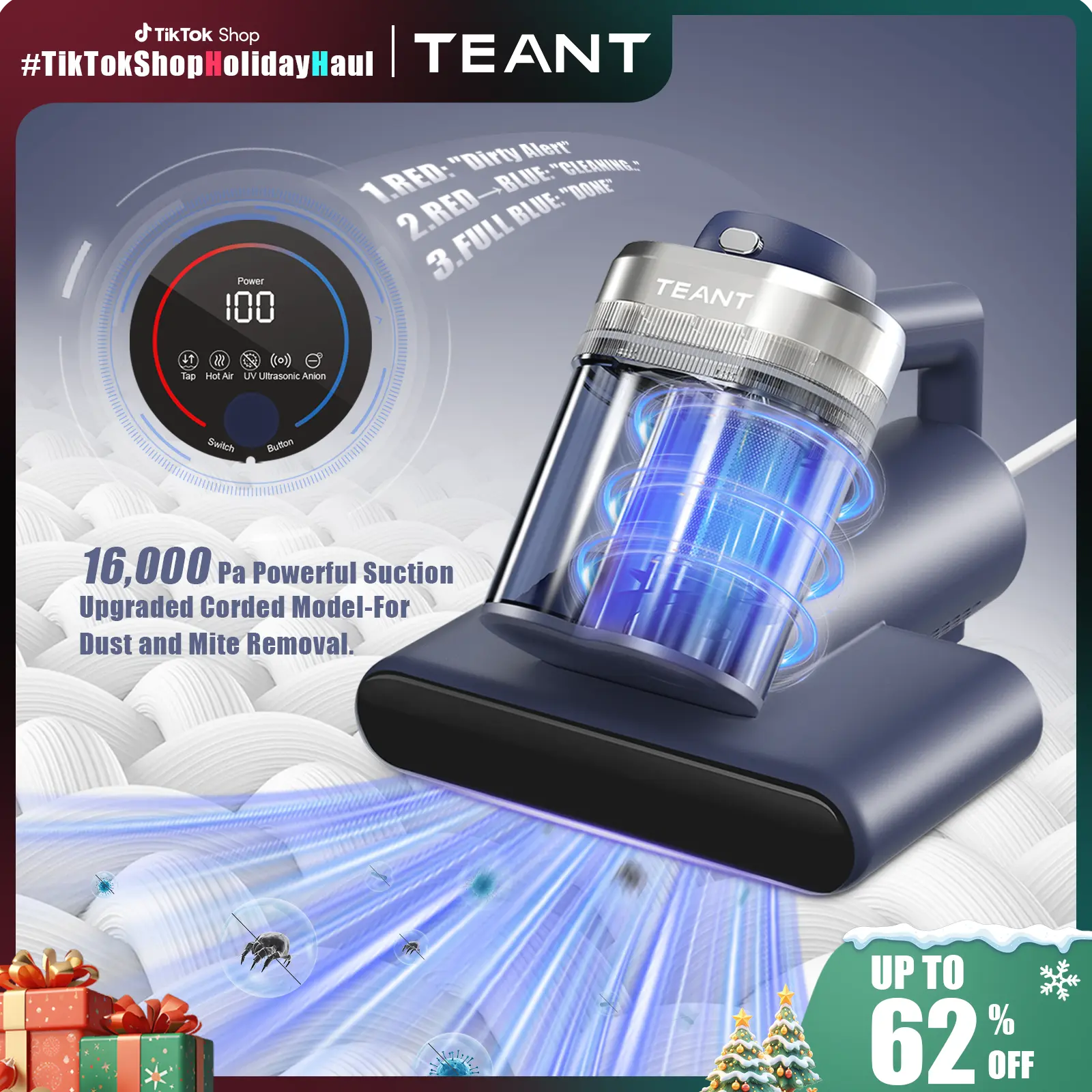 Mattress Vacuum Cleaner for Dust Mites – 16KPa Powerful Suction, UV-C Sterilization, 149°F Hot Air & HEPA Deep Cleaning