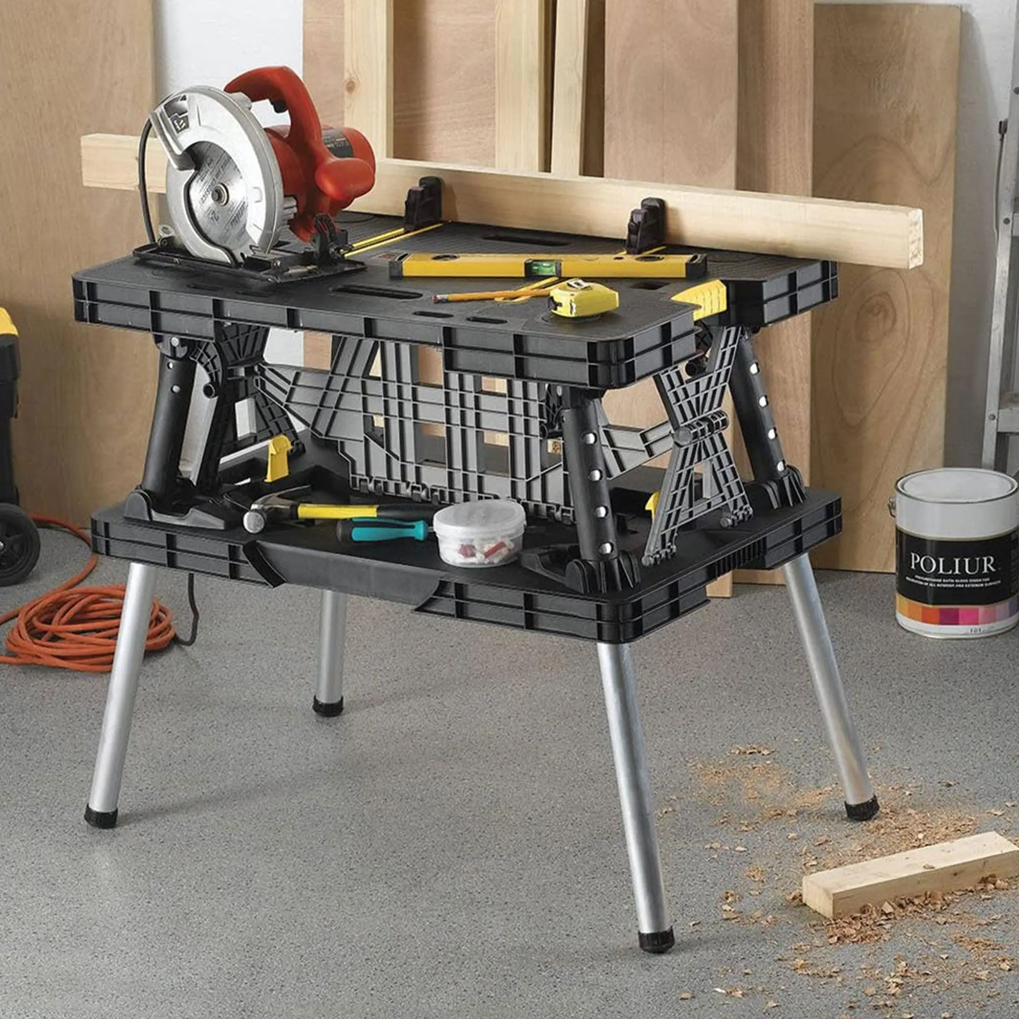 Heavy-Duty Portable Folding Table — Multifunctional Workbench with 12-Inch Clamps, Tool Storage, and Saw Stand
