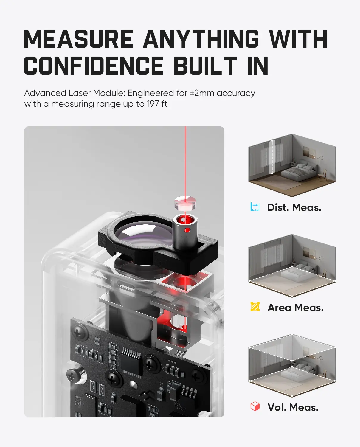【FathersDayGift】3-in-1 Laser Measuring Tool - 197Ft Rechargeable Range Finder with IPS Touch Screen, Side LCD, Wheel Roller, 3-Axis Self Levelling Laser Leveler Tool, User-Friendly Interface, Portable for Home DIY