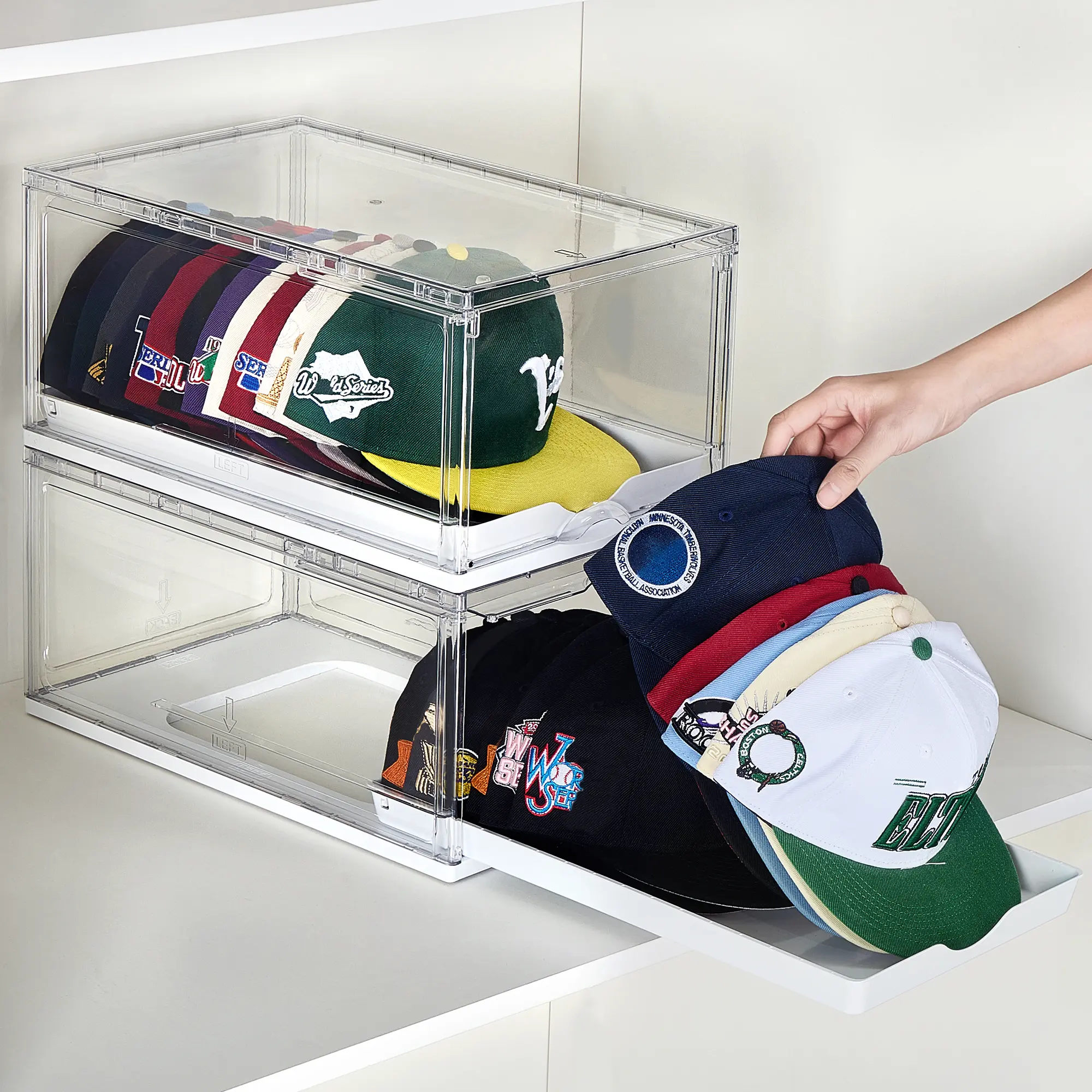 Father’s Day Gift – Stackable Hat Organizer with Clear Display, Sliding Drawer & Magnetic Door, Holds up to 12 Caps Each