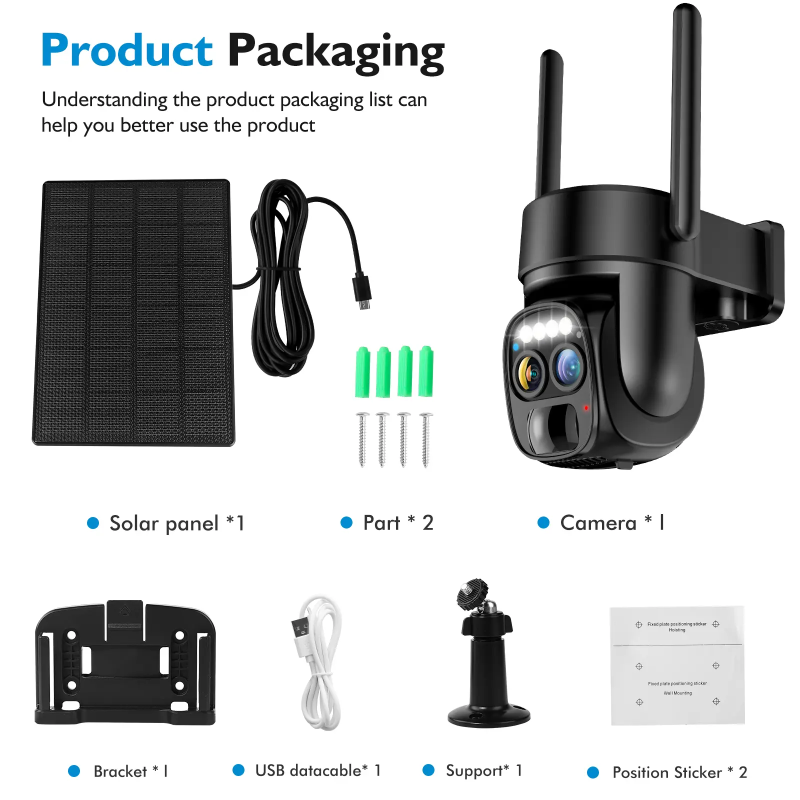 4 PC-Pannel Solar-Powered Wireless Outdoor Security Camera, Dual Lens, Dual Viewing Angle, 10x Zoom, 2K Resolution, 3MP, 360° Pan/Tilt, 2.4 and 5G WiFi, Battery-Powered Camera, Spotlight, Alarm, PIR Motion Detection