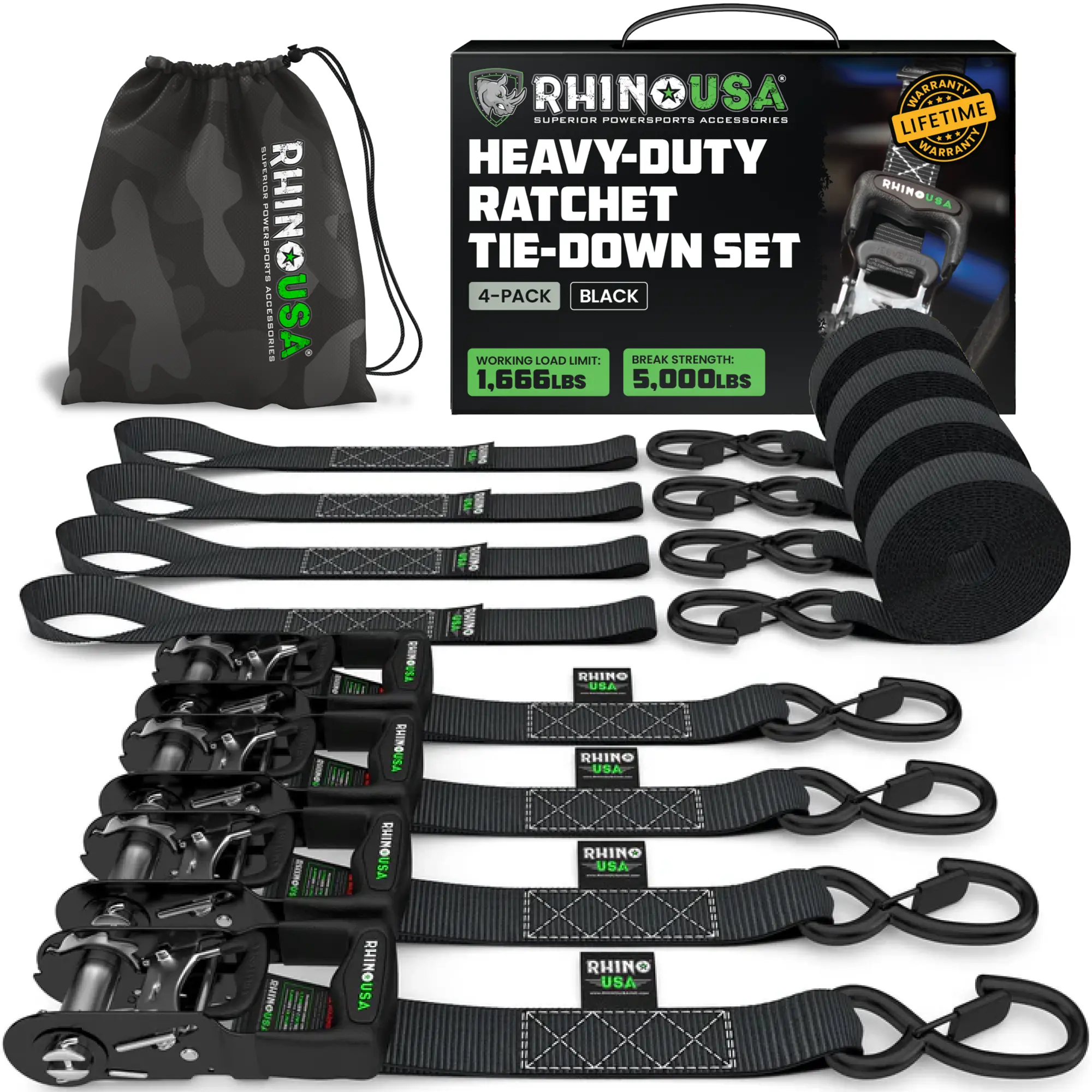 TRADITIONAL Ratchet Straps Heavy Duty Kit - 1.6 Inch x 8ft -15ft (5,208lb Break Strength) 2-4 pack