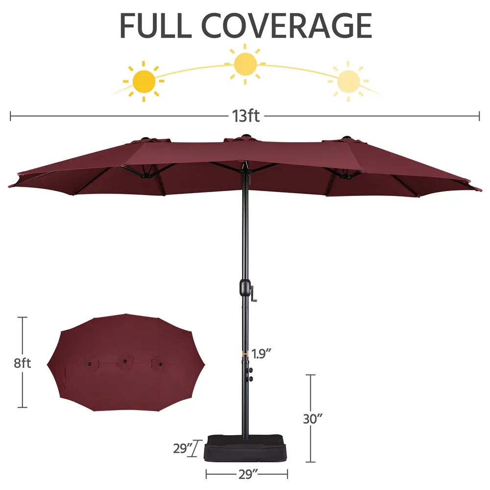 【On Sale】Massive 15/13ft Double-Sided Patio Umbrella | Heavy Duty & 2 Sandbags Included, Easy Crank for Garden Pool and Lawn
