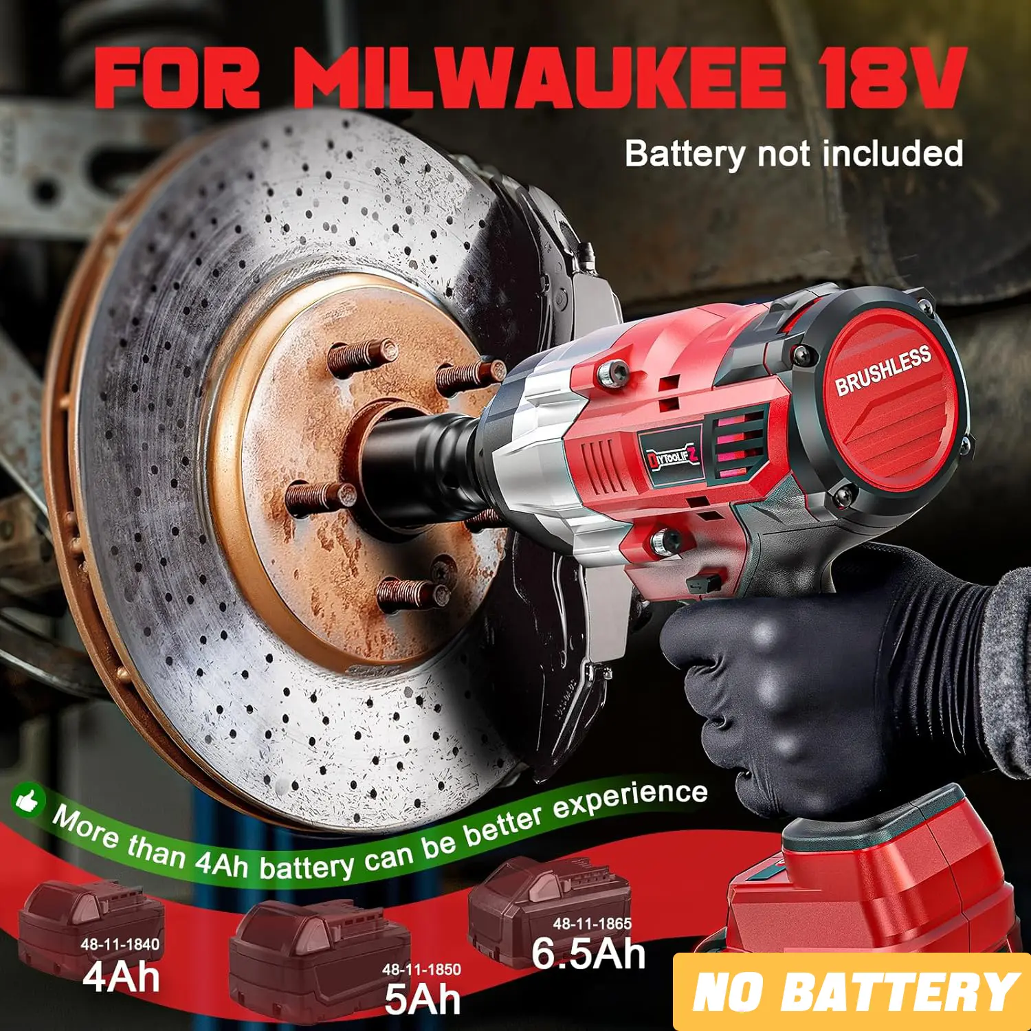 1850Ft-lbs (2500N.m)-3/4"Impact Wrench Compatible with  18V Battery (NO Battery!!!), Brushless Impact Gun 4-Speed with Auto-Stop Reverse for Car/Truck