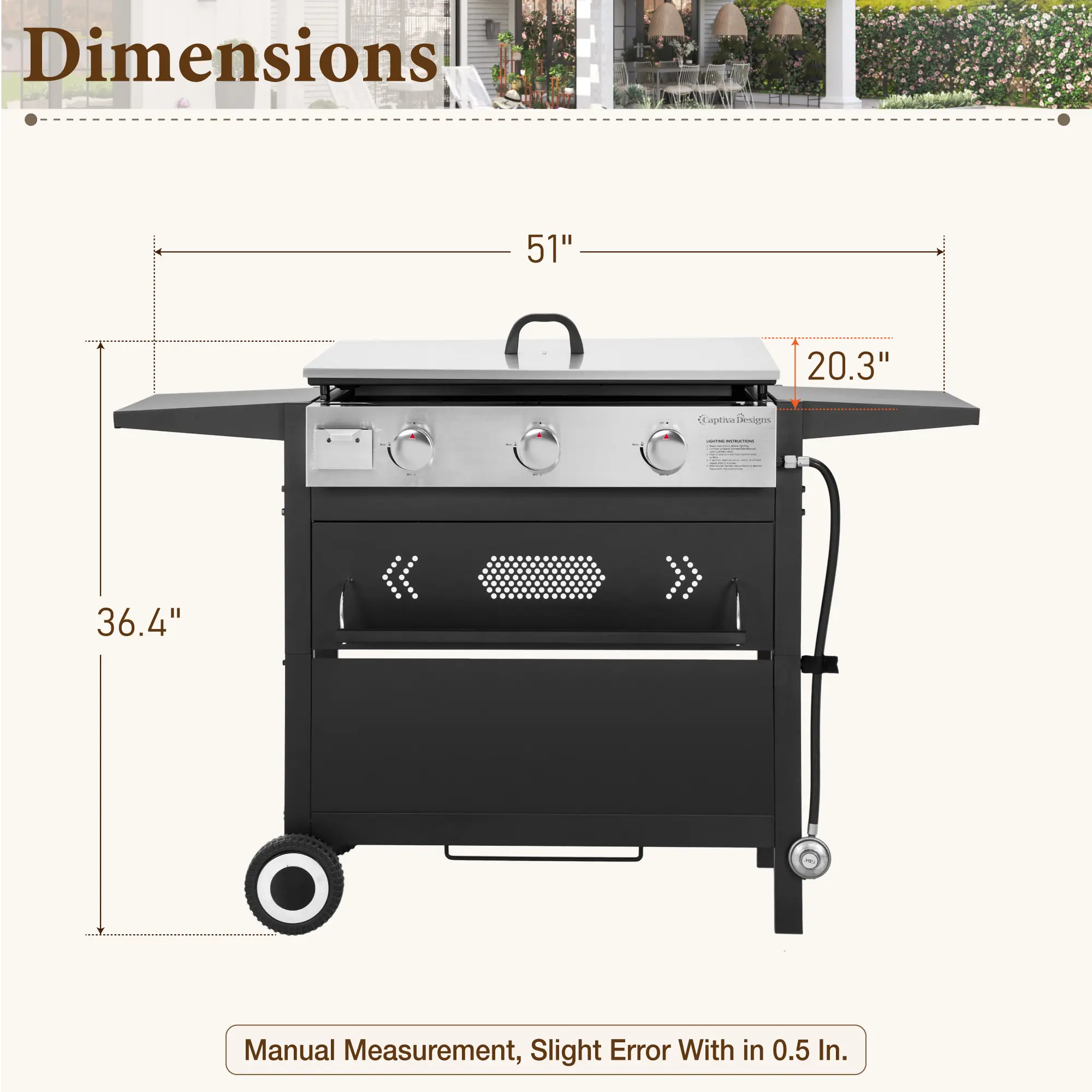 27 Inch Flat Top Grill with Ceramic Coated Cast Iron Pan, 3-Burner Propane Gas, Nonstick Design, Stainless Steel Barbecue Home Food Kitchenware