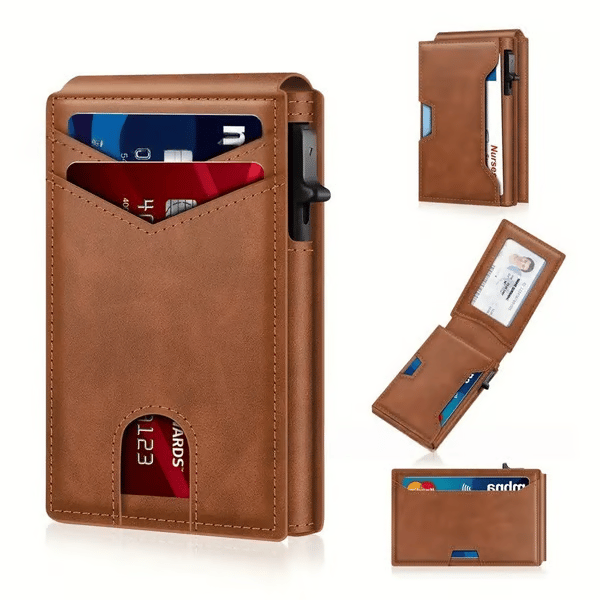 Slim Wallet for Men with Pop-Up Aluminum Case, RFID Blocking | Minimalist Leather Bifold Card Holder
