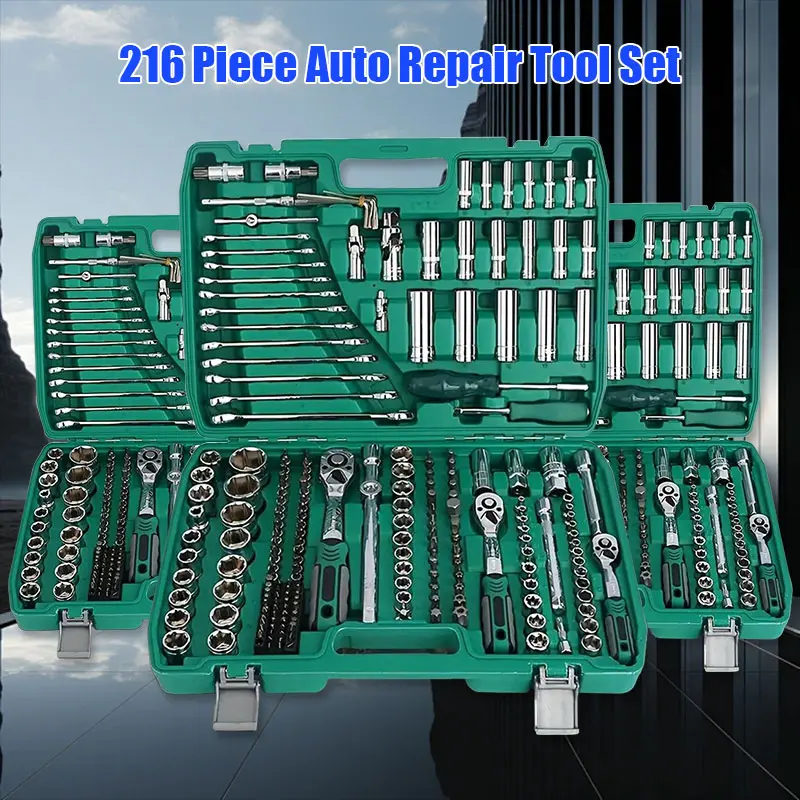 216-Piece Mechanic Tool Set: Comprehensive Auto Repair & Household Tool Kit with 1/2"" & 3/8"" Drive, Ratchet Wrench, Torque Wrench, and More