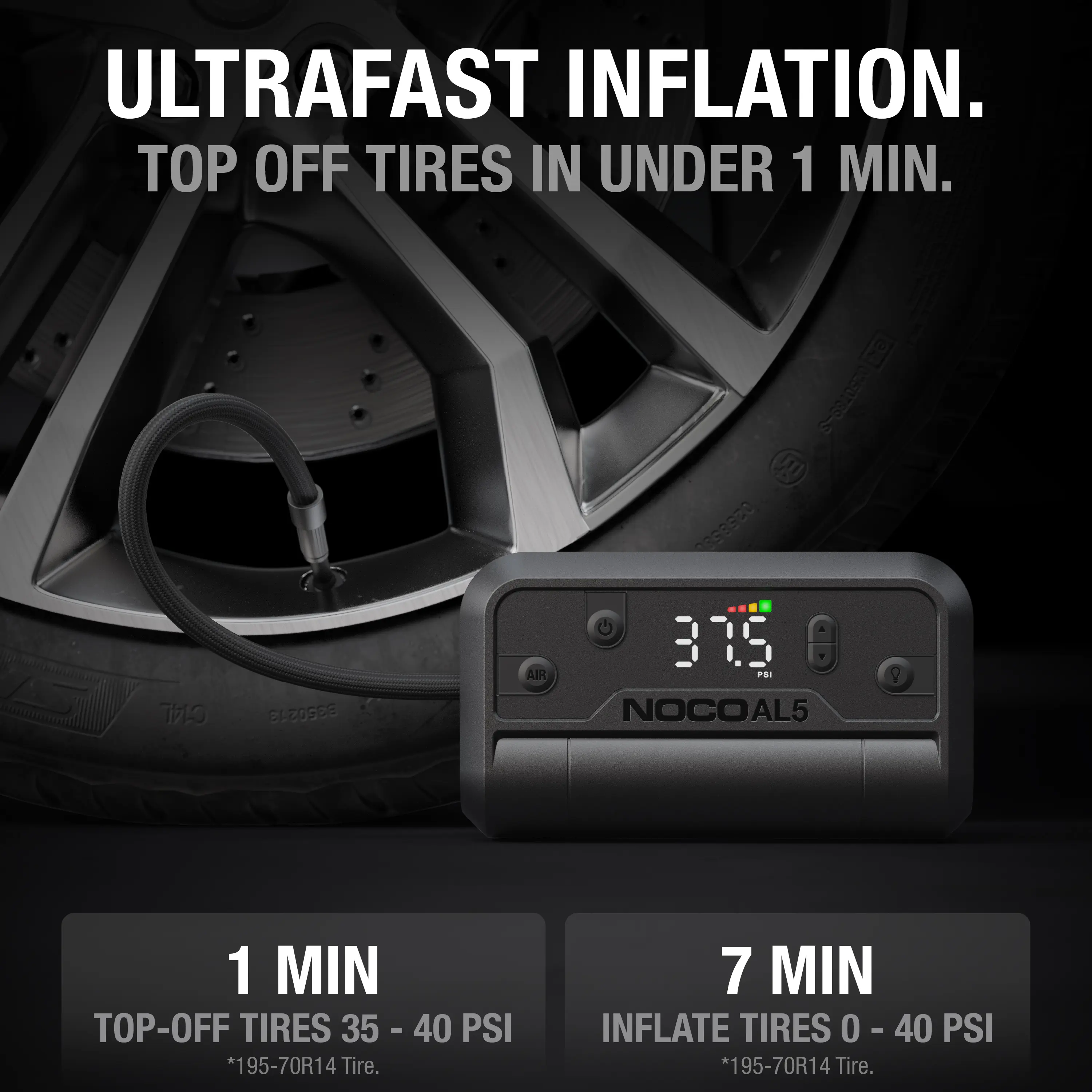 UltraFast Cordless Tire Inflator, Battery-Powered Air Compressor, 0–40 PSI in 7 Minutes