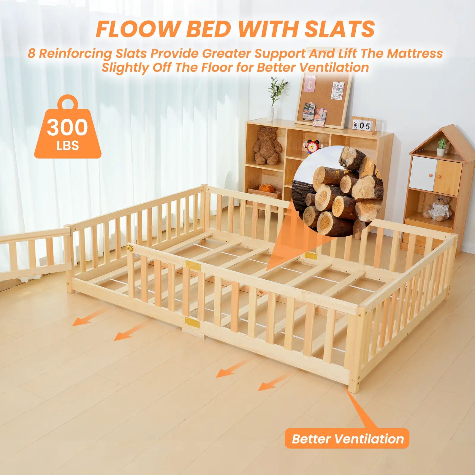 Twin/Full Size Montessori Floor Bed for Kids, Solid Wood Bed Frame with Fence, Door & Safety Guardrails, CPC Certified