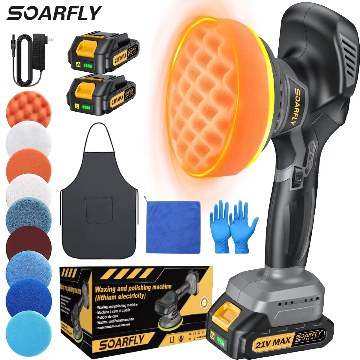 Car Buffer, 2 x 21V Batteries, 6 Variable Speed & Extra 14 Pcs, For Car Waxing, Buffer