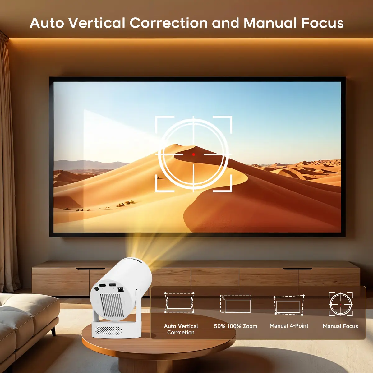 Smart Projector HY300Pro+ with 4K Decode 290ANSI Auto Keystone Correction Built-in 5W speaker Dual WiFi6 Wireless BT5.4 Android 14 Native 1280*720P