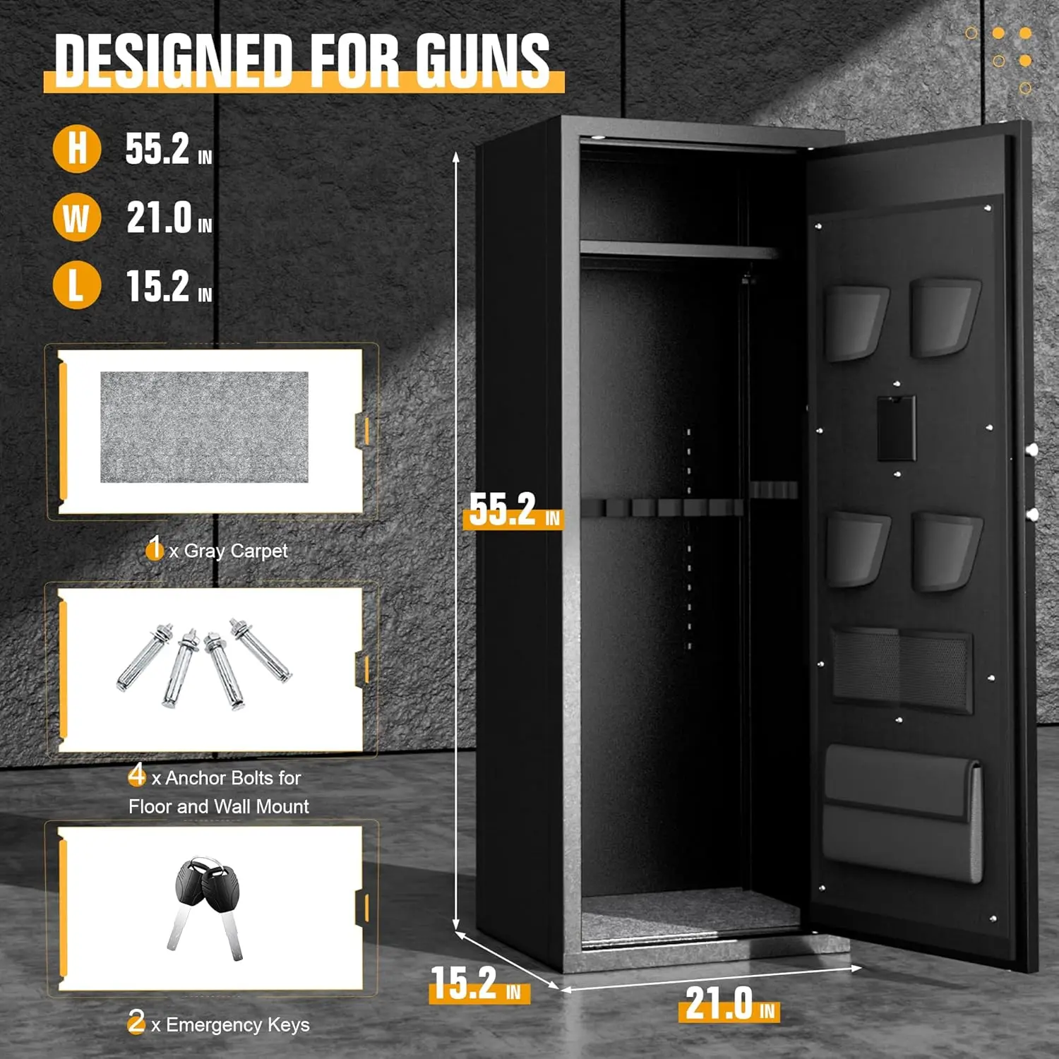 14-16 Gun Safe, Large Gun Safe for Rifles and Pistols, Quick Access Rifle Safe with 3 Removable Gun Racks and 4 Pistol Pockets, Digital Gun Cabinet with Dual Alarm and Mute Mode