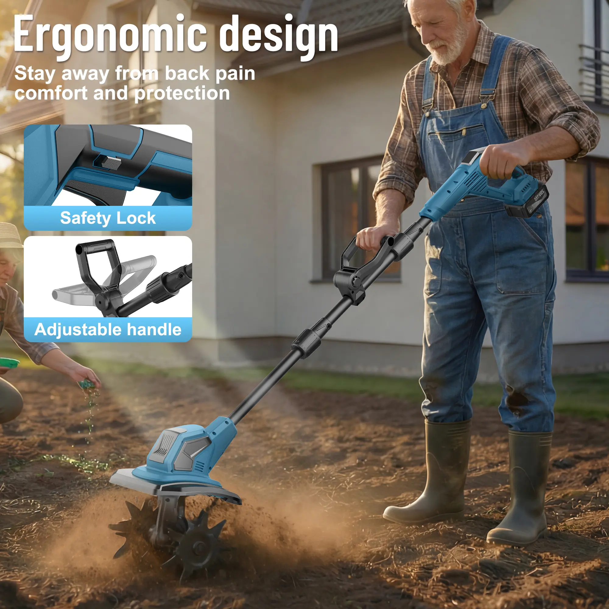 Cordless Cultivator & Tiller, 21V Electric Garden Tillers with 2×4000mAh Battery 120 Mins Runtime, 270 RPM Manganese Steel Blades, Lightweight 11.6 lbs, Ergonomic Design for Vegetable Plots Flowerbeds