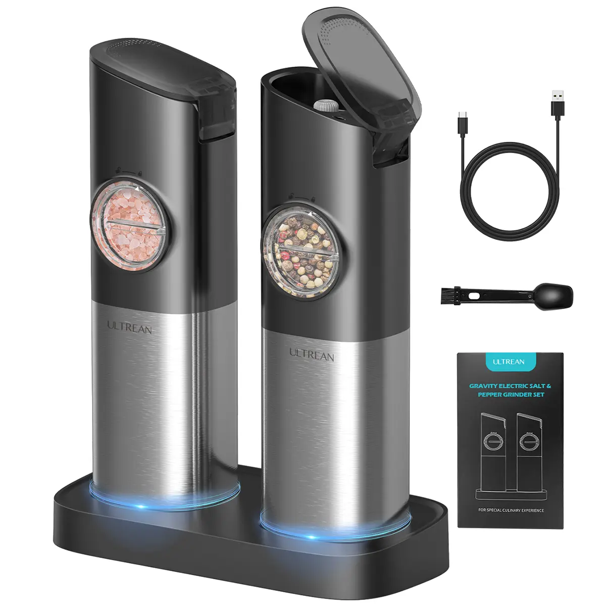 2PCS Rechargeable Salt & Pepper Grinder Set – Adjustable Stainless Steel Grinders with LED One-Hand Operation