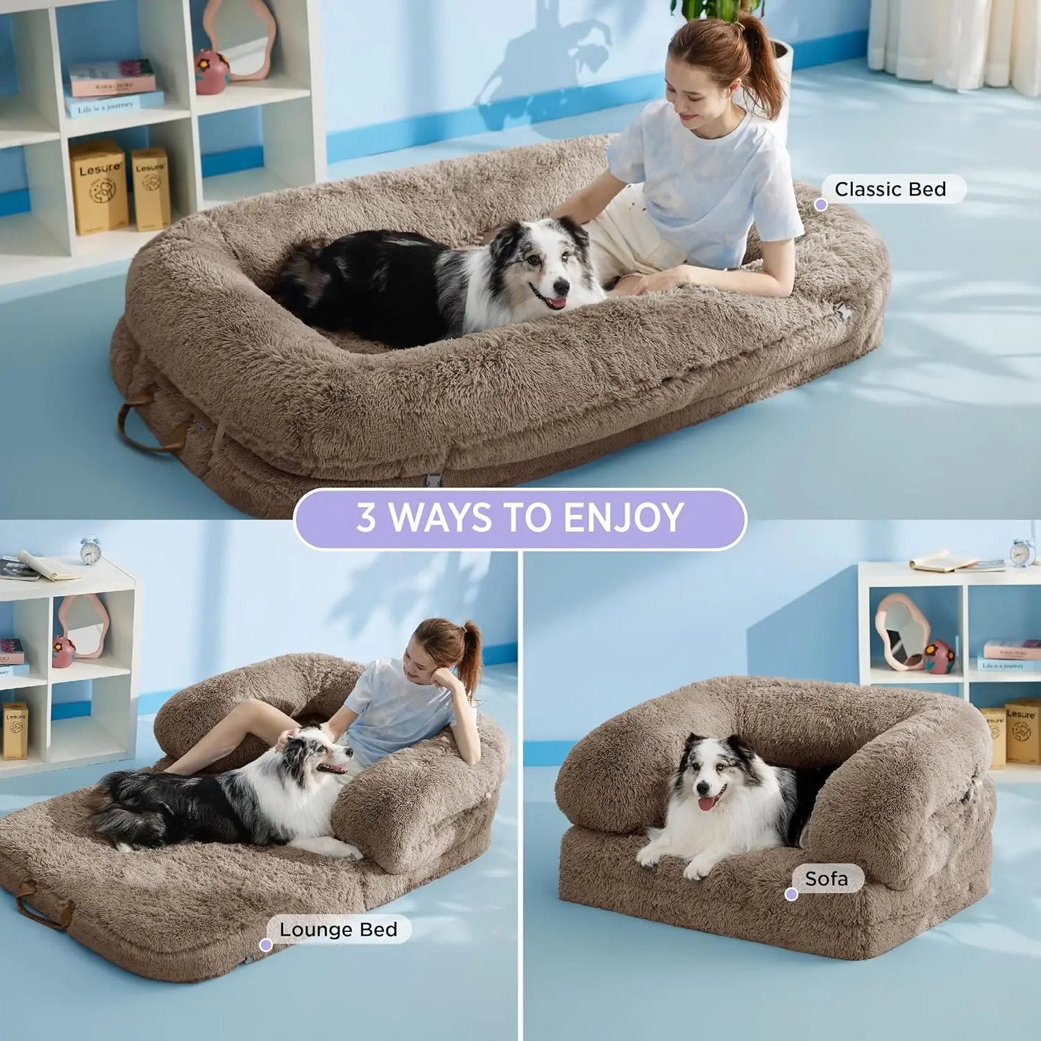 Luxury Warm Foldable 3-in-1 Flexible Giant Human Dog Bed Cozy Fluffy Faux Fur Lounge Sofa with Supportive Bolster Egg Foam Soft Plush Calming Orthopedic Bed for Comfort Classic Lounge Sofa