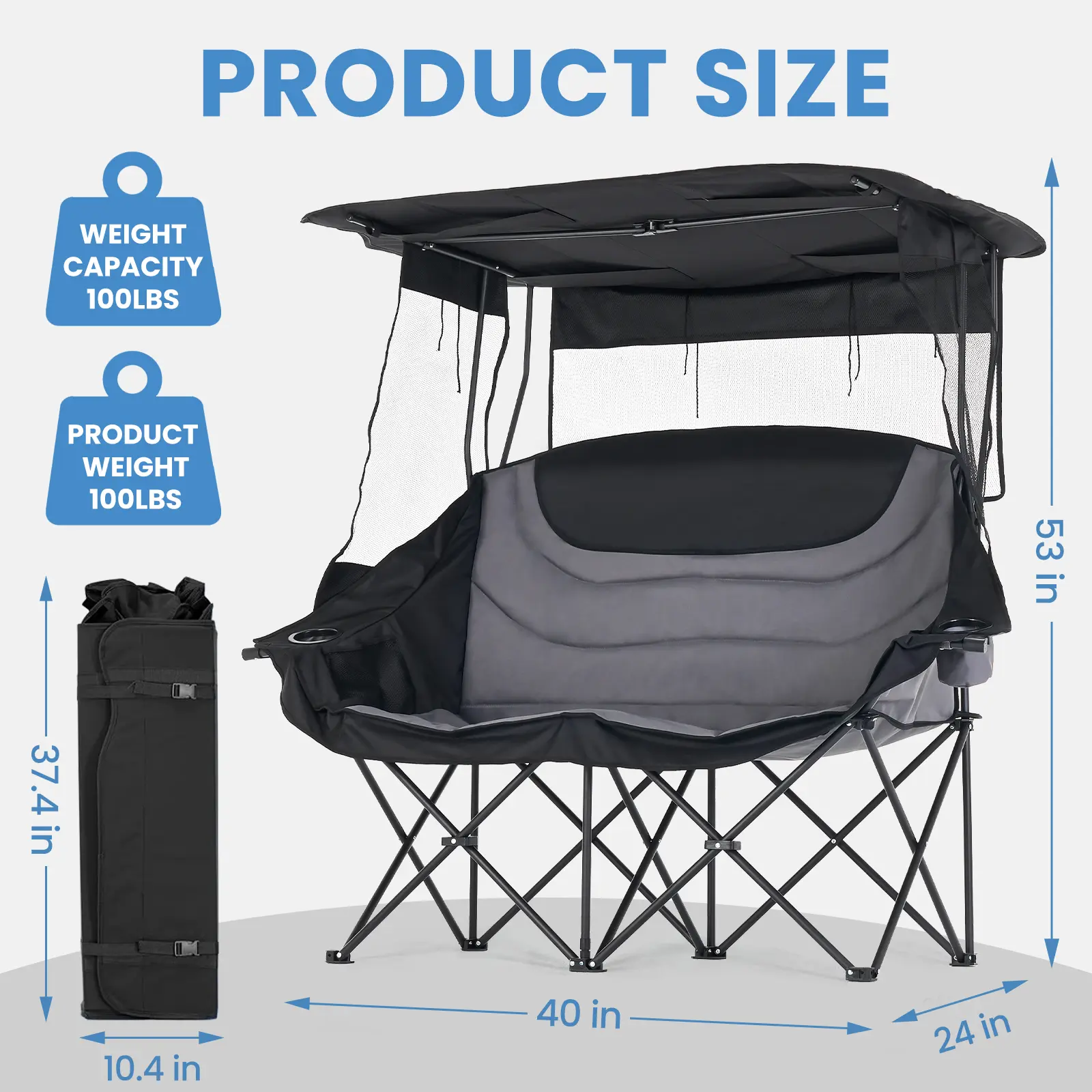 #Summervibes ABORON XXL Double Camping Chair with Shade Canopy, Fully Padded Folding Camping Loveseat , Oversized Camping Bench Lawn Chairs Patio Lounge Chairs for Adults