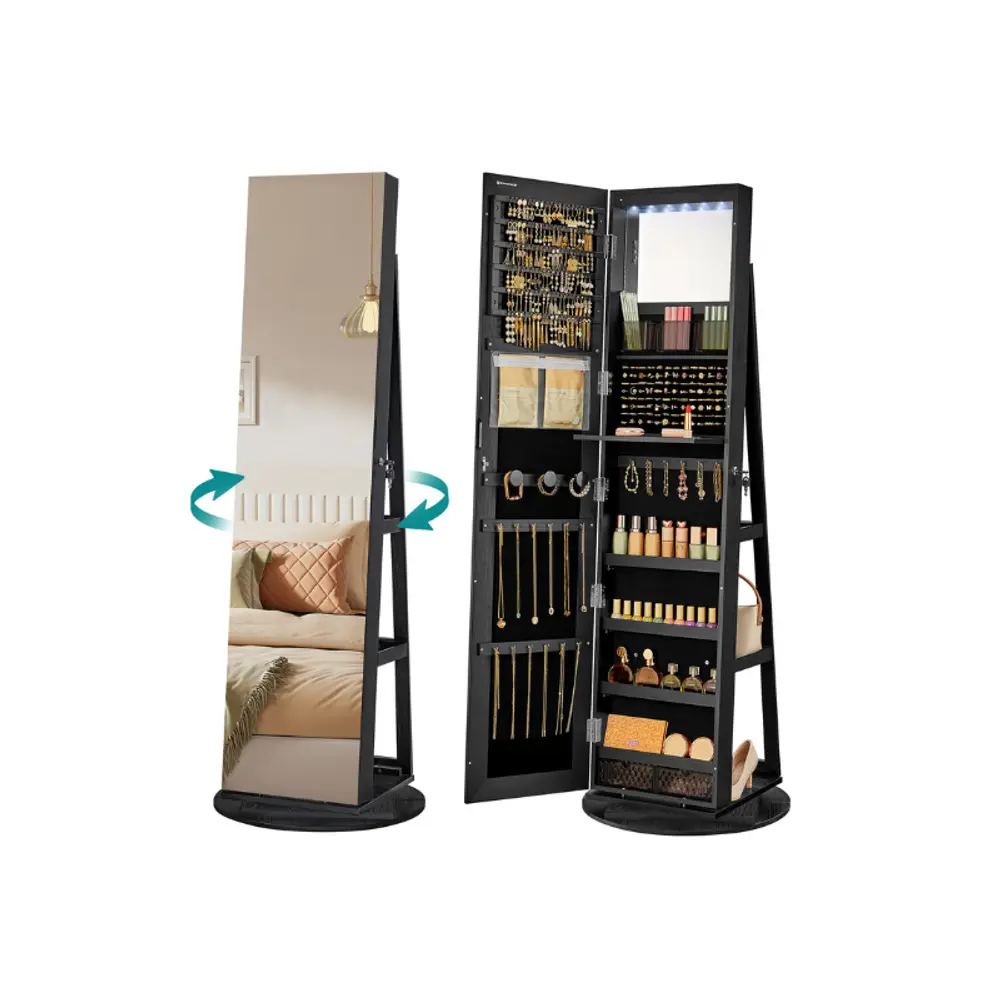 LED Lockable Jewelry Cabinet – Standing Armoire with Frameless Full-Length Mirror & 3 Storage Shelves