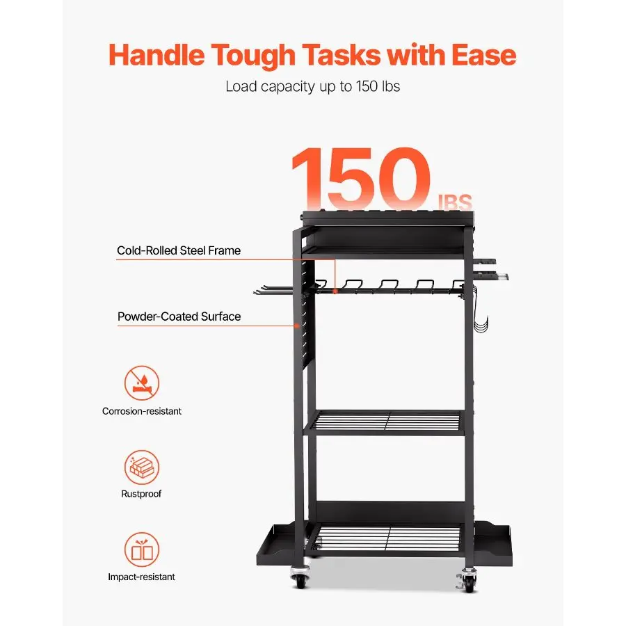 4-Tier Heavy Duty Tool Organizer Cart with Built-in 8-Outlet Charging Station - Rolling Garage Storage Rack with Drill Holders & Wheels