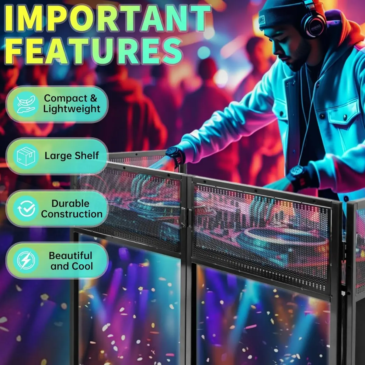 Portable DJ Booth Facade – Foldable DJ Table with Black & White Scrims, Carry Bag & Sturdy Metal Frame for Events