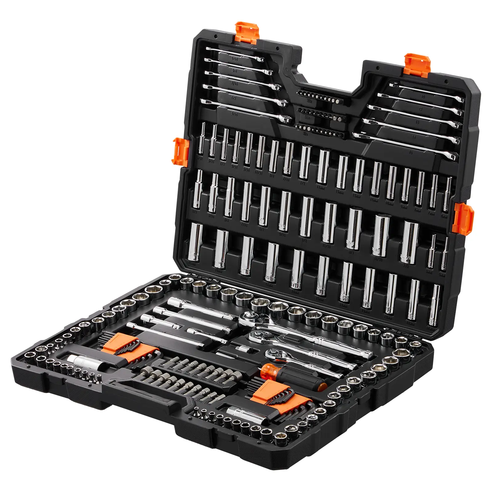 205-Pc Heavy-Duty Mechanic Tool Kit, 1/4"-3/8"-1/2" Drive Deep & Standard SAE/Metric Sockets, Bits, Combination Wrenches, Hex Wrenches, Accessories with Storage Case