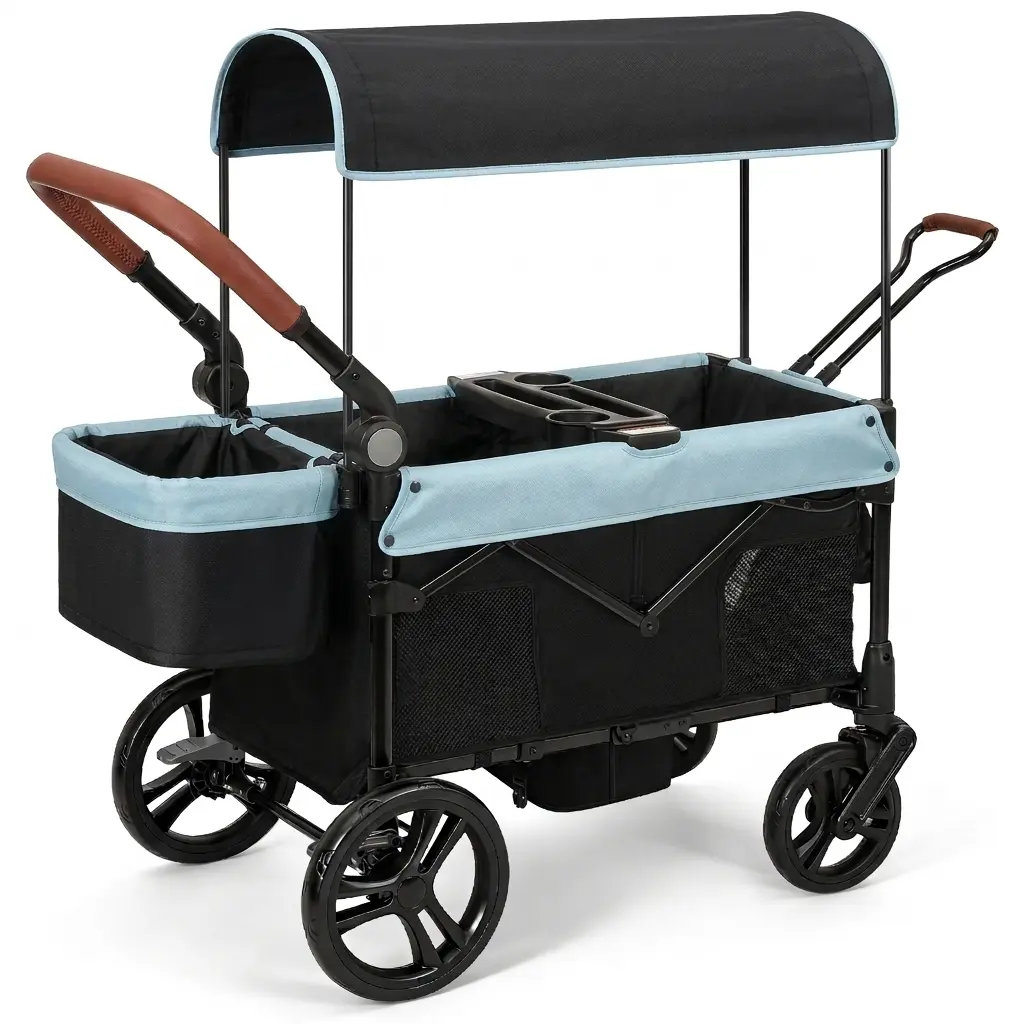 Stroller Wagon for 2 Kids, All-Terrain Foldable Kids Wagon Stroller with Removable Canopy, Mosquito Net, Snack Tray, Cup Holders & Storage Basket