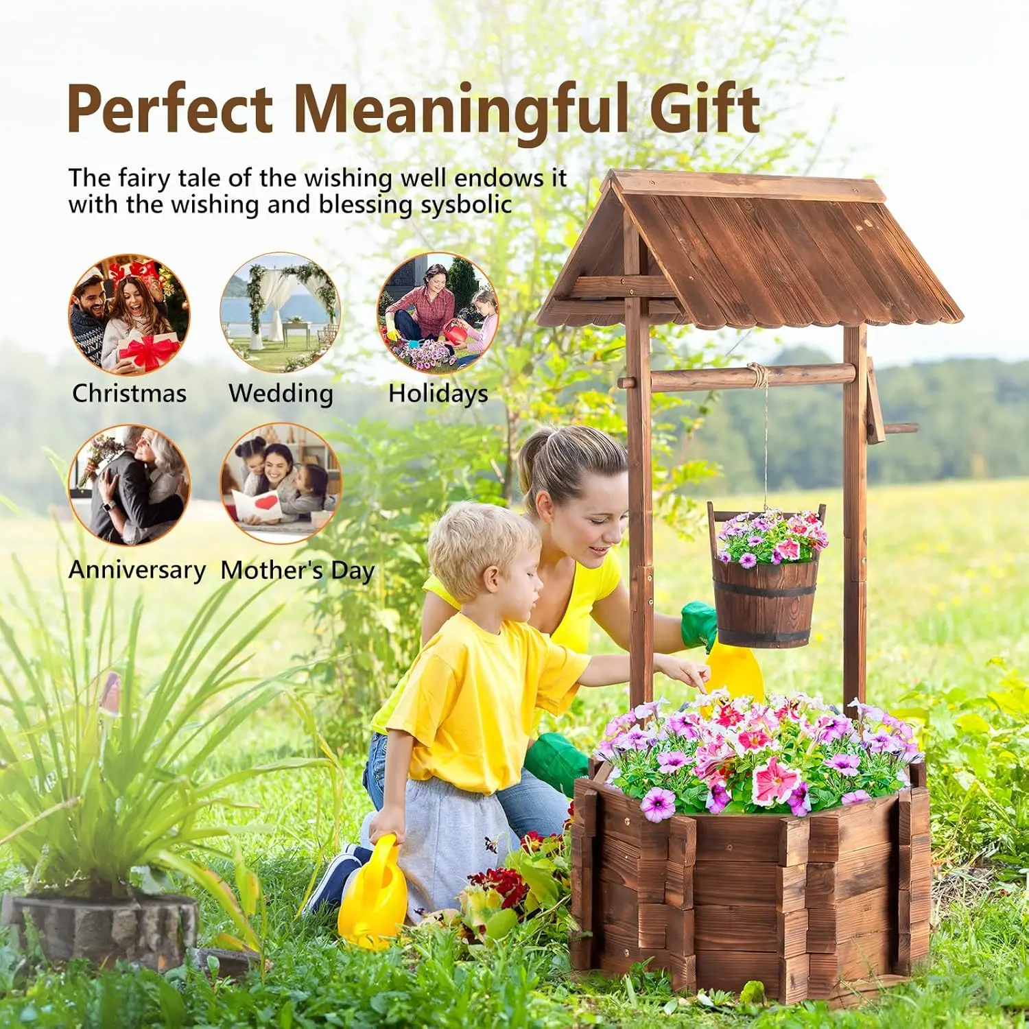 Wooden Wishing Well Outdoor Planter with Adjustable Bucket