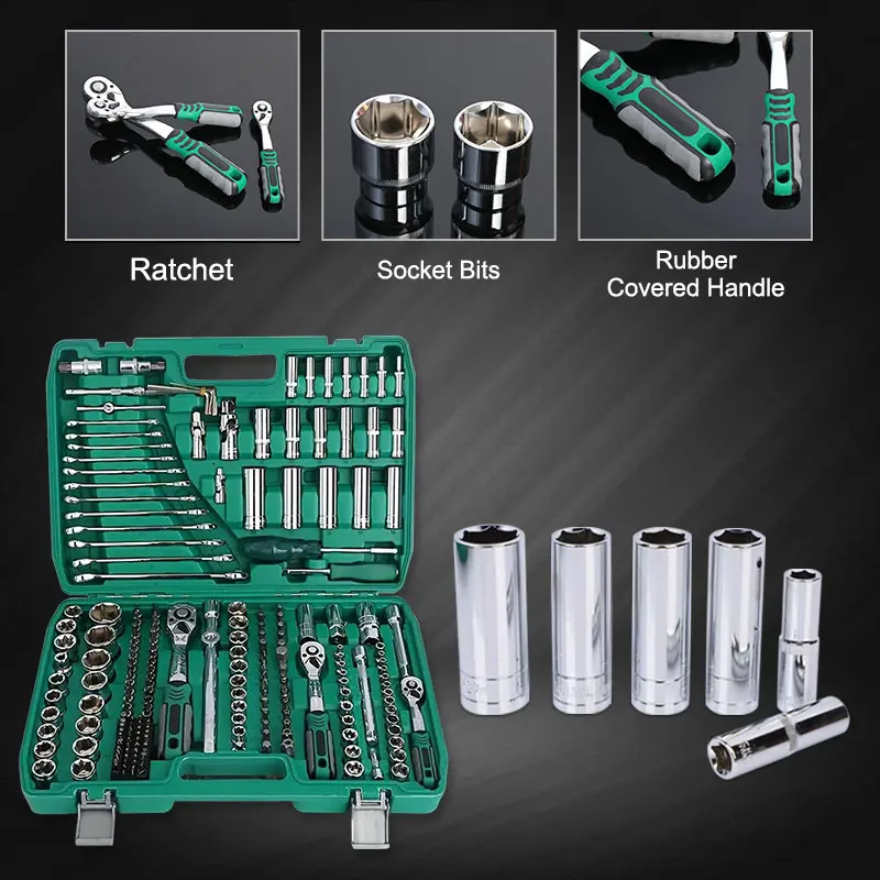 216-Piece Mechanic Tool Set: Comprehensive Auto Repair & Household Tool Kit with 1/2"" & 3/8"" Drive, Ratchet Wrench, Torque Wrench, and More