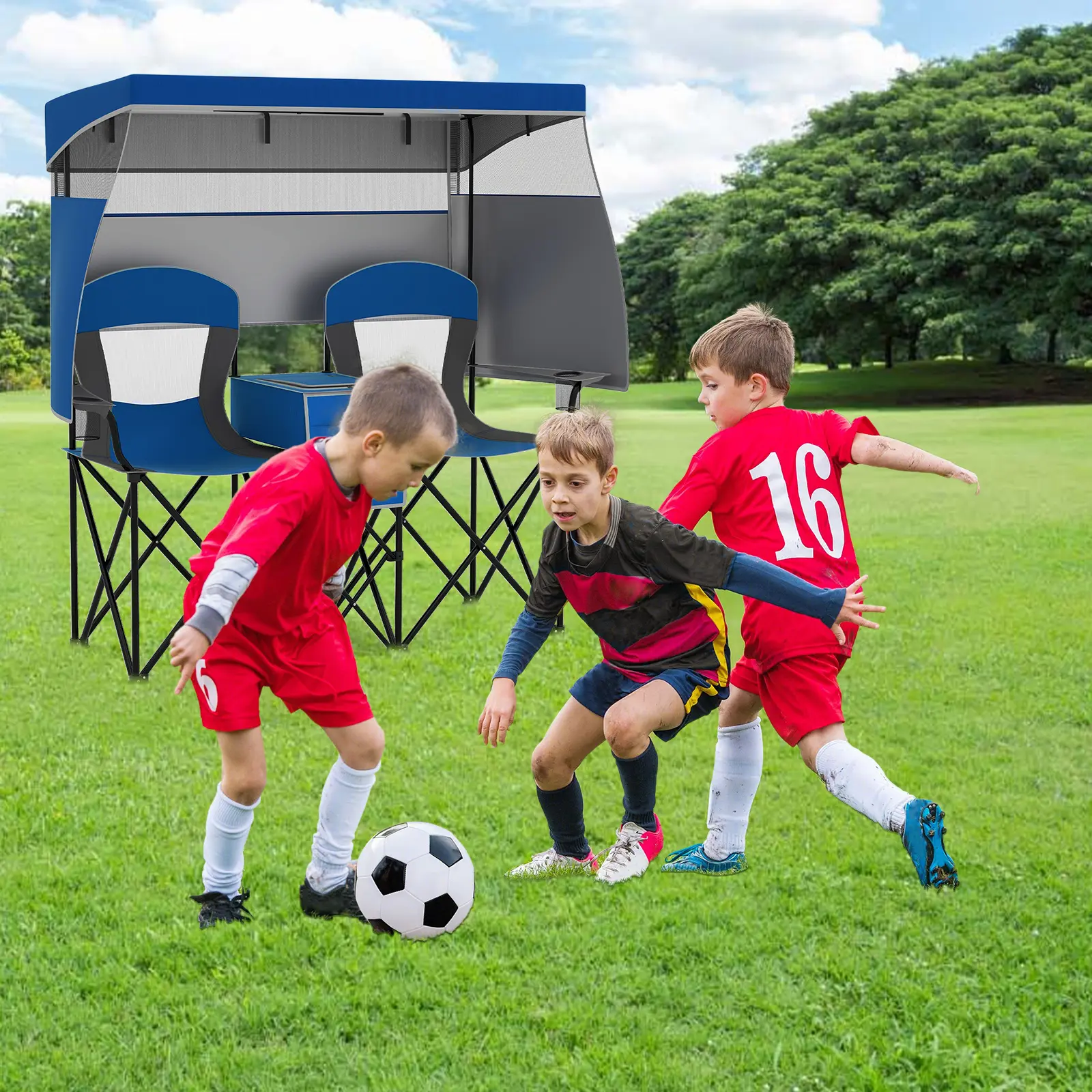 2-Person Portable Camping Chair with Roll-Up Shade & Cooler Bag