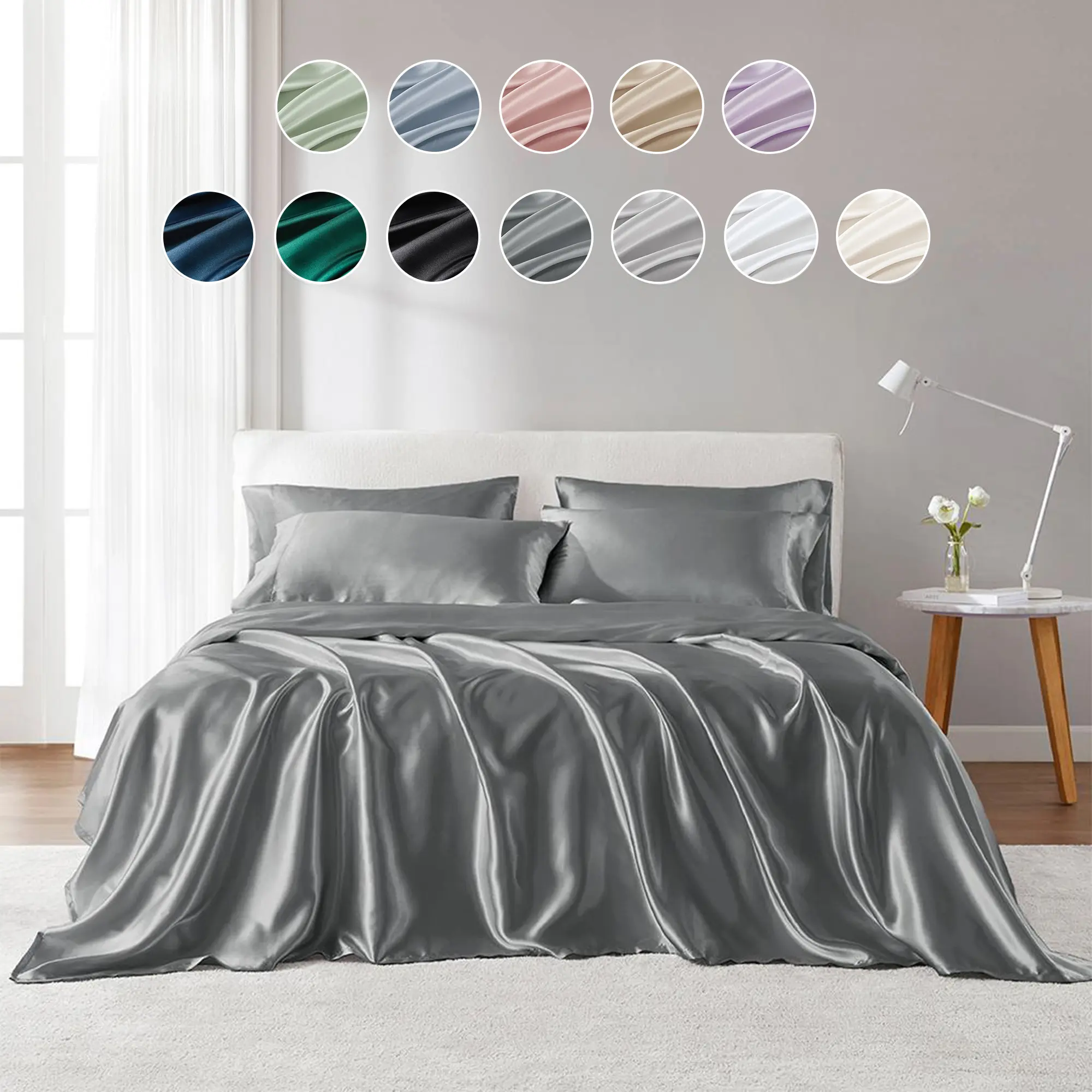 6 Piece Solid Color Satin Sheets Set