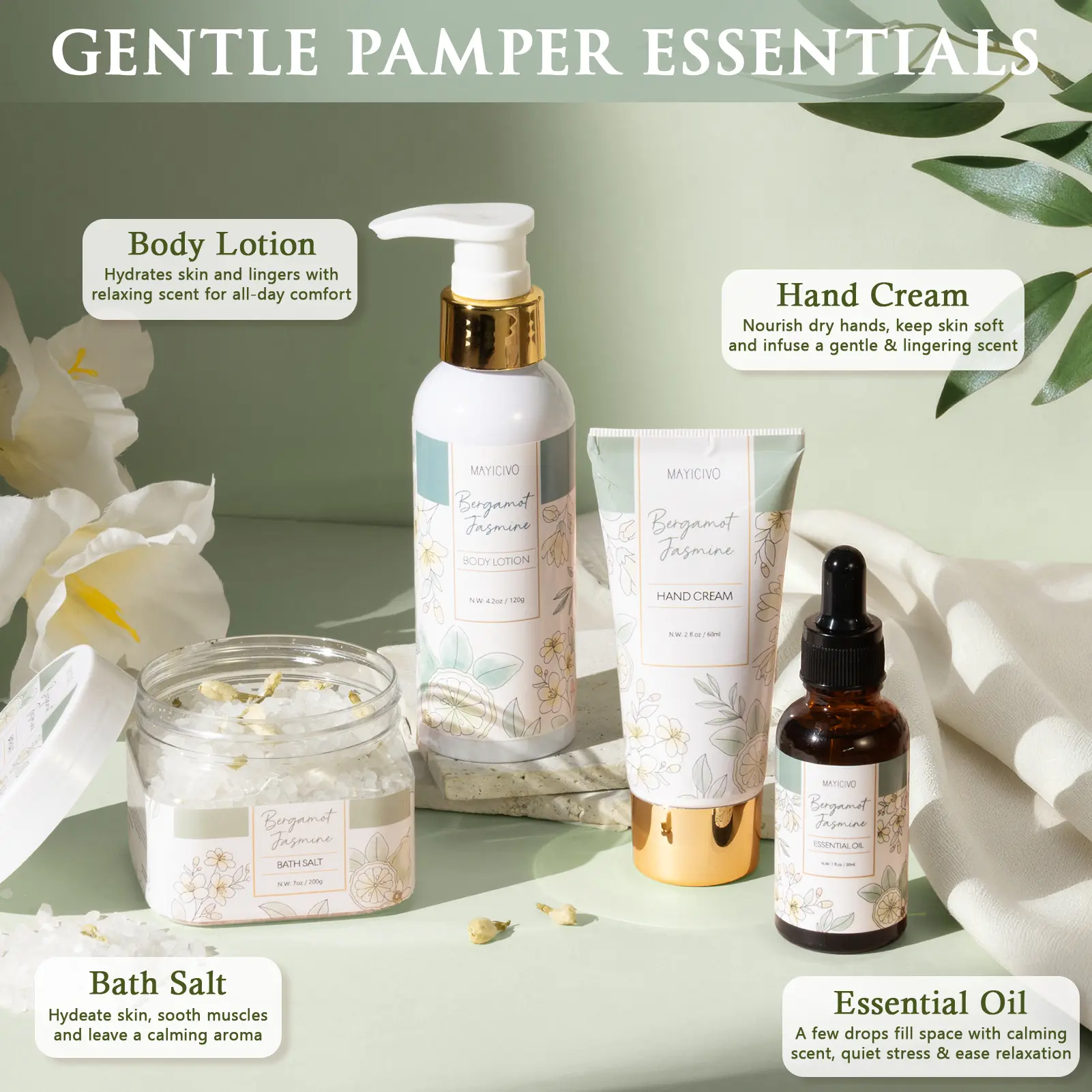 Valentine's Day Gifts for Women, Bergamot Jasmine Relaxing Spa Gift Baskets for Women Self Care Package Bath Gift Set, Home Bath and Body Kit