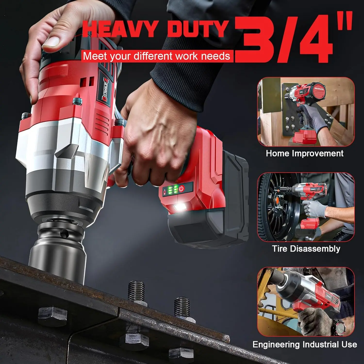 1850Ft-lbs (2500N.m)-3/4"Impact Wrench Compatible with  18V Battery (NO Battery!!!), Brushless Impact Gun 4-Speed with Auto-Stop Reverse for Car/Truck