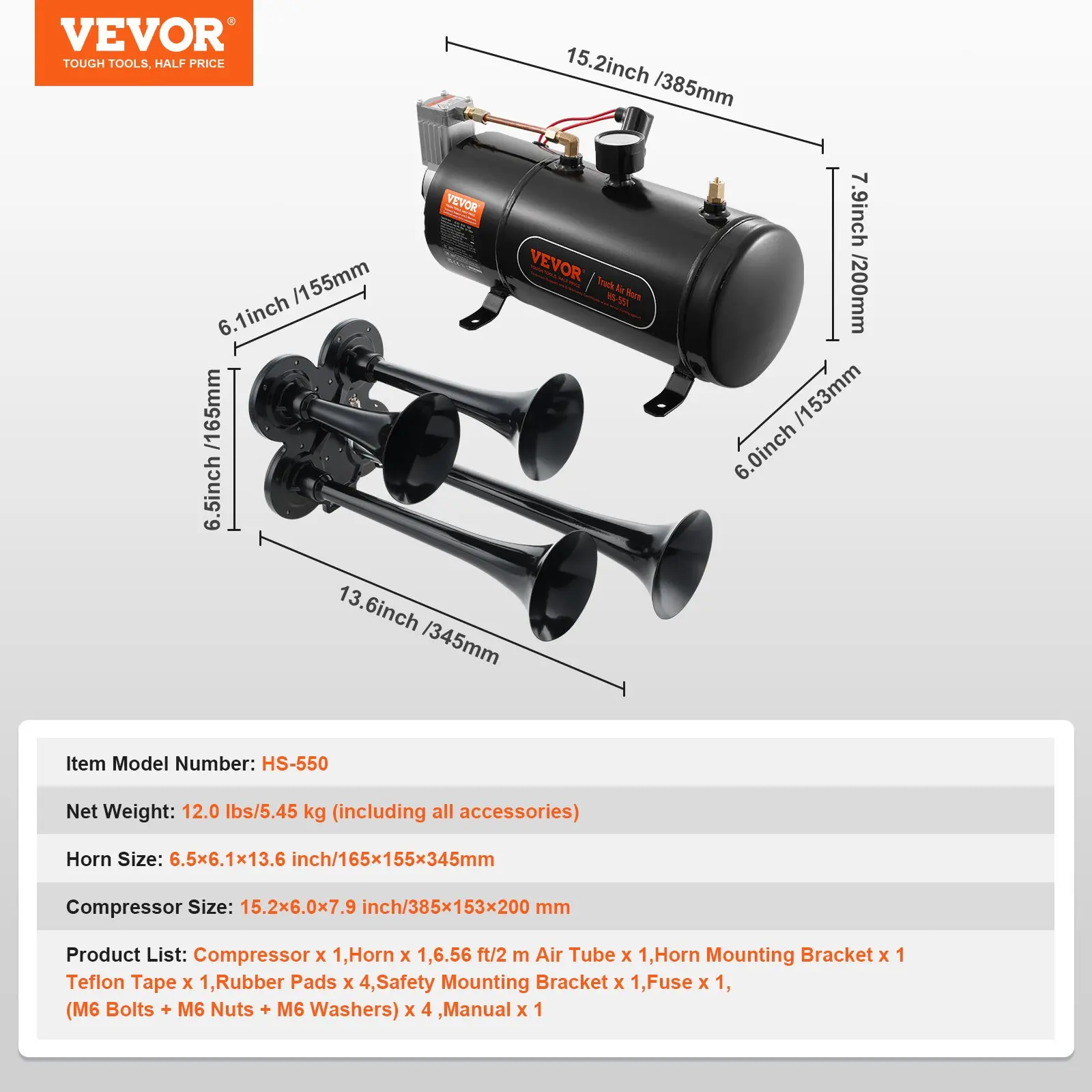 4-Trumpet Train Horn Kit – 150dB, 12V Air Compressor with 3L Tank, Fits Cars, Trucks, Vans & Boats