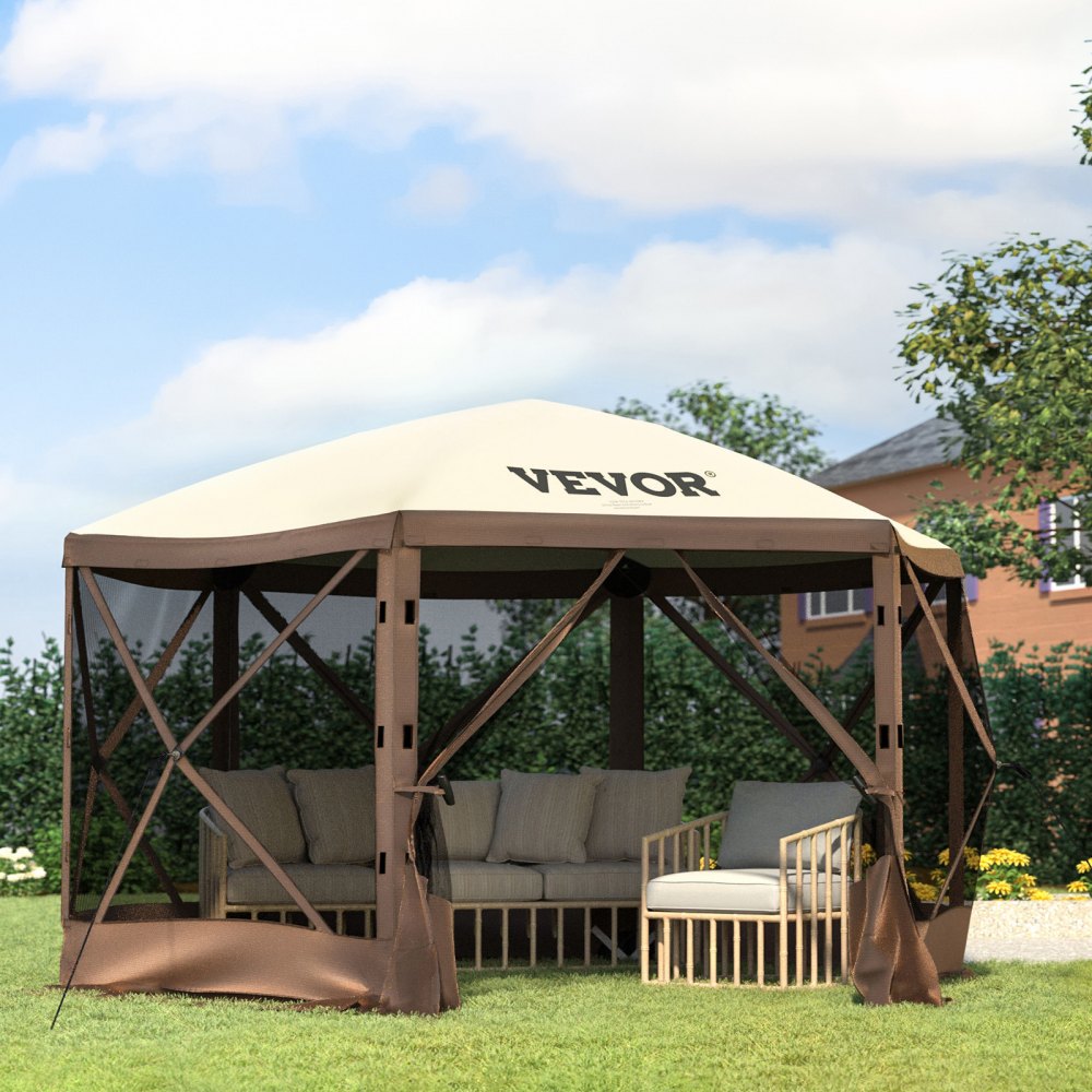 Special Offer Camping Gazebo Screen Tent, 12*12ft, 6 Sided Pop-up Canopy Shelter Tent with Mesh Windows, Portable Carry Bag, Stakes, Large Shade Tents for Outdoor Camping
