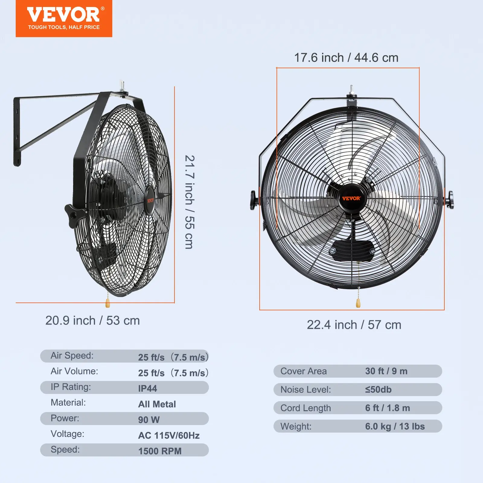 Wall Mounted Fan - IP44 Waterproof Outdoor Cooling Fan3-Speed Adjustable Speeds High Velocity (Max. 4150 CFM)ETL Listed Industrial/Residential