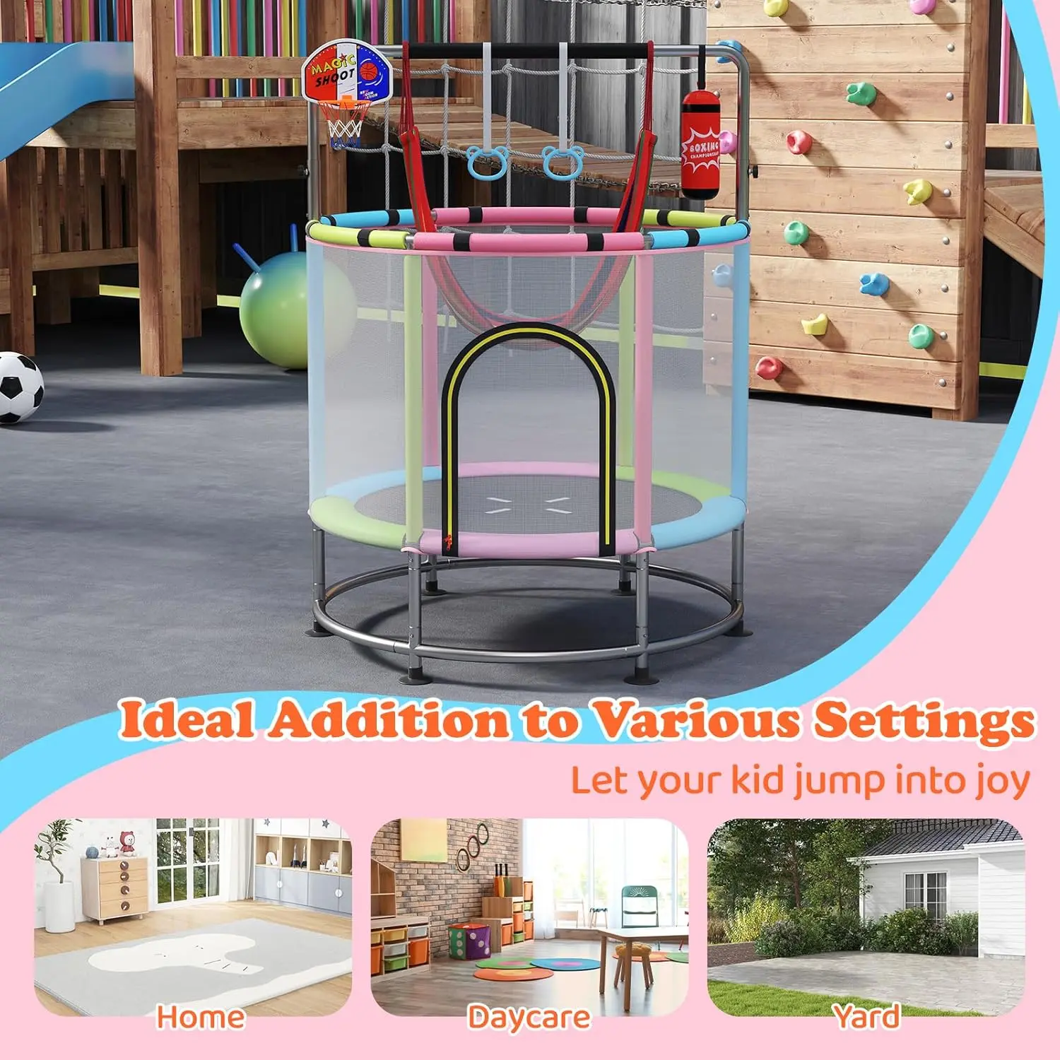 55"/60" Trampoline for Kids, No-Gap Jumping Mat, Easy to Assemble, Indoor/Outdoor, Ideal Gift for Boys and Girls,Summervibes