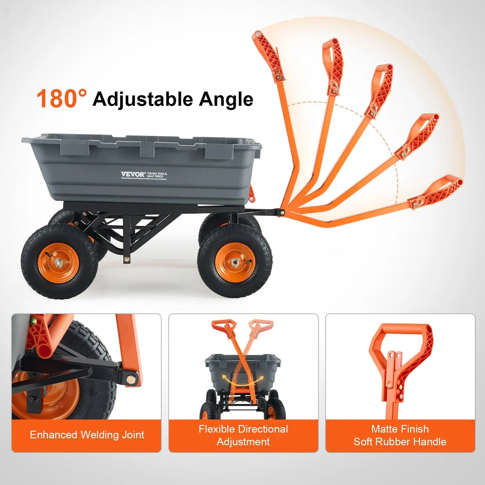 Garden Cart, Durable Poly Dump Cart with Simple Assembly Steel Frame, Versatile Dump Wagon with Dual-Function Handle, 6.48 cu.ft Utility Barrow 1200 lbs Load, 13 inch Wheels, Heavy Duty Wagon