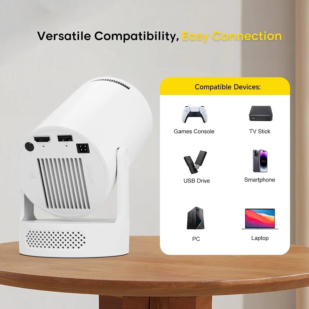 Smart Projector HY300Pro+ with 4K Decode 290ANSI Auto Keystone Correction Built-in 5W speaker Dual WiFi6 Wireless BT5.4 Android 14 Native 1280*720P
