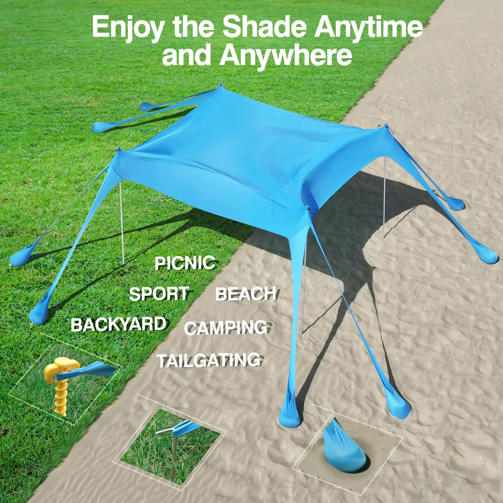 Beach Tent Sun Shelter, UPF 50+ Sun Shade Beach Canopy with 8 Sandbags & 4 Aluminum Poles, Large Portable Windproof Pop Up Beach Tent for Family Camping, Fishing, Backyard Picnic