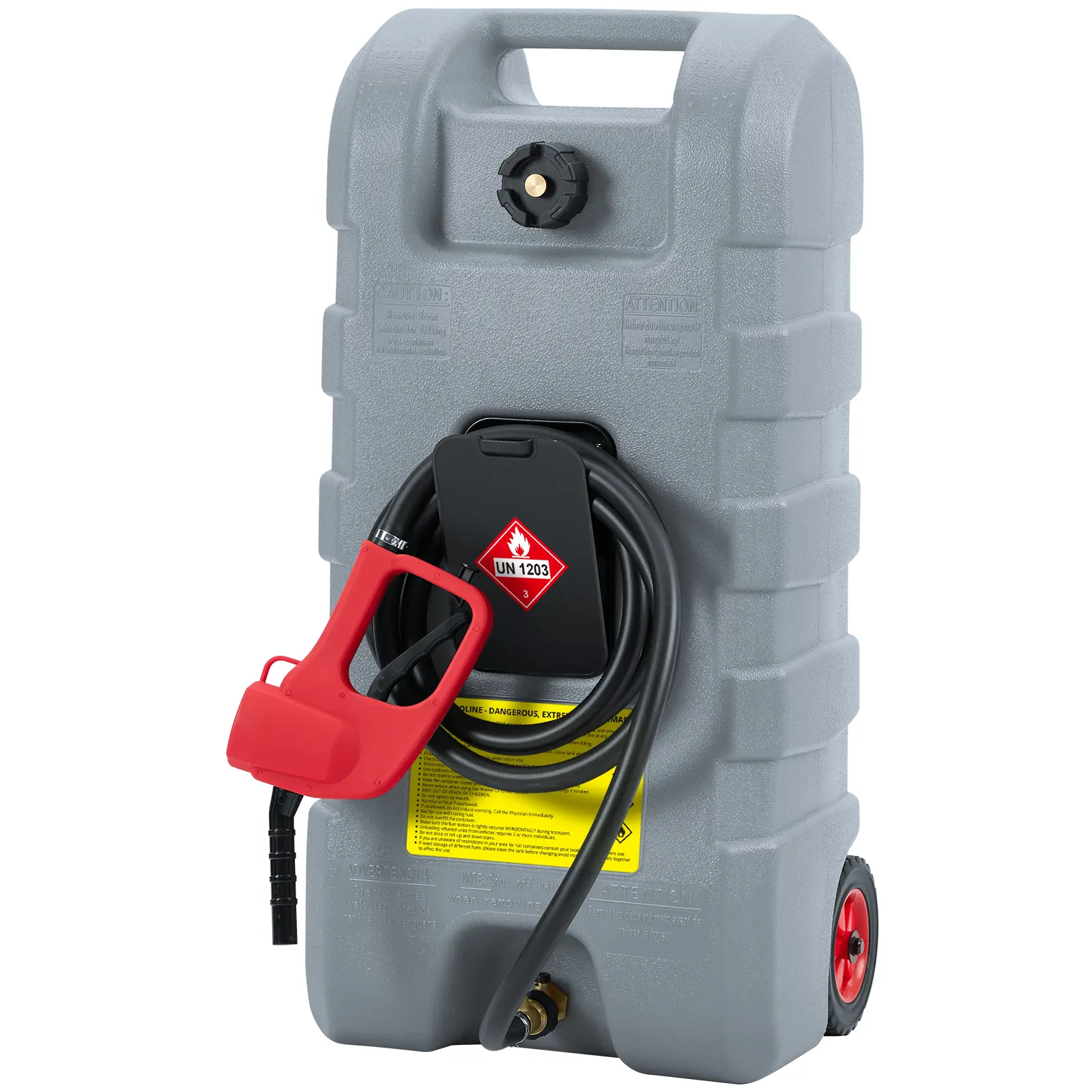 15 Gallon Portable Fuel Caddy with LE Pump & 10ft Hose for Gasoline Diesel Storage on Wheels for Cars Lawn Mowers ATVs Boats Red Yellow Gray Options