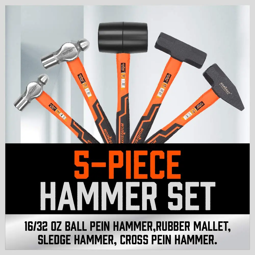 5-Piece Hammer Set, 16oz Ball Pein Hammer | 32oz Ball Pein Hammer | 32oz Rubber Mallet | 3lb Sledge Hammer | 3lbCross Peen Hammer