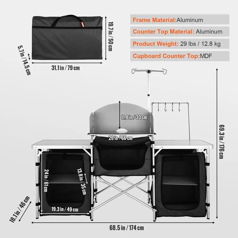 Folding Camping Kitchen Table – Quick Setup, 3 Adjustable Heights, Portable MDF Table for BBQ, Camping & RV Travel