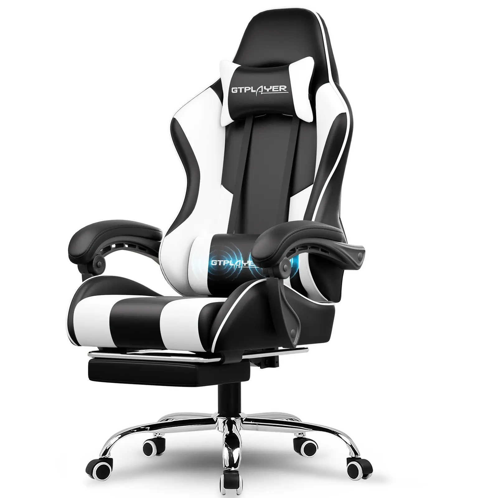 PU Leather Computer Gaming Chair - Ergonomic 360° Swivel Office & Man Cave Furniture with Padded Arms, Footrest, Lumbar Support, Headrest, Height Adjustment (Pearl White)