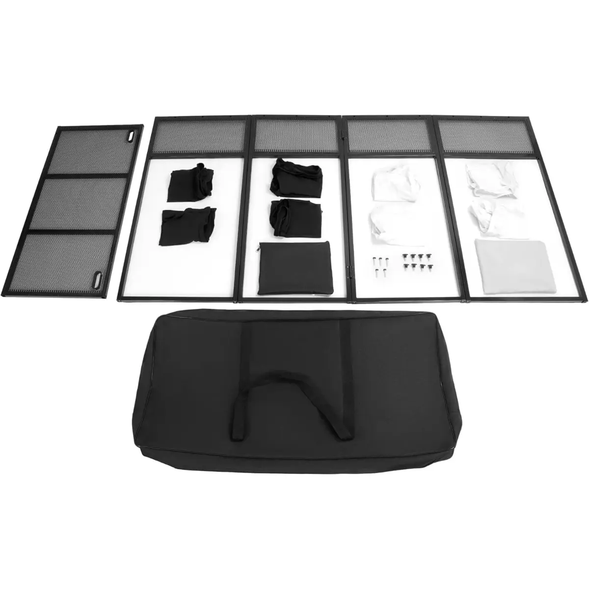 Portable DJ Booth Facade – Foldable DJ Table with Black & White Scrims, Carry Bag & Sturdy Metal Frame for Events