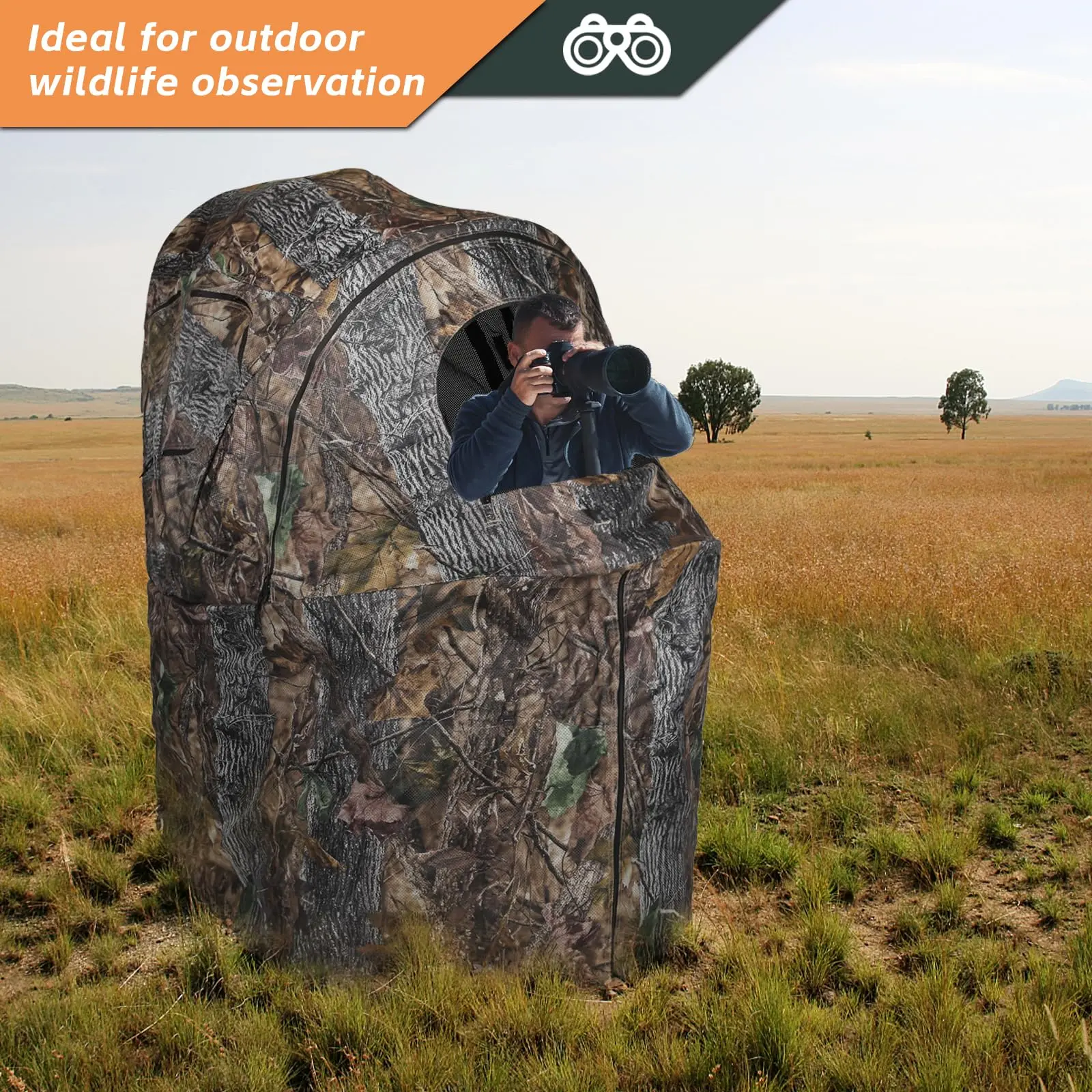[Amazing Offer]Portable Blind With Chair - Camouflage See-Through Ground Tent with Cup Holder, Lightweight 1-Person Tent for Deer, Duck, and Turkey Hunting Visibility Convenience