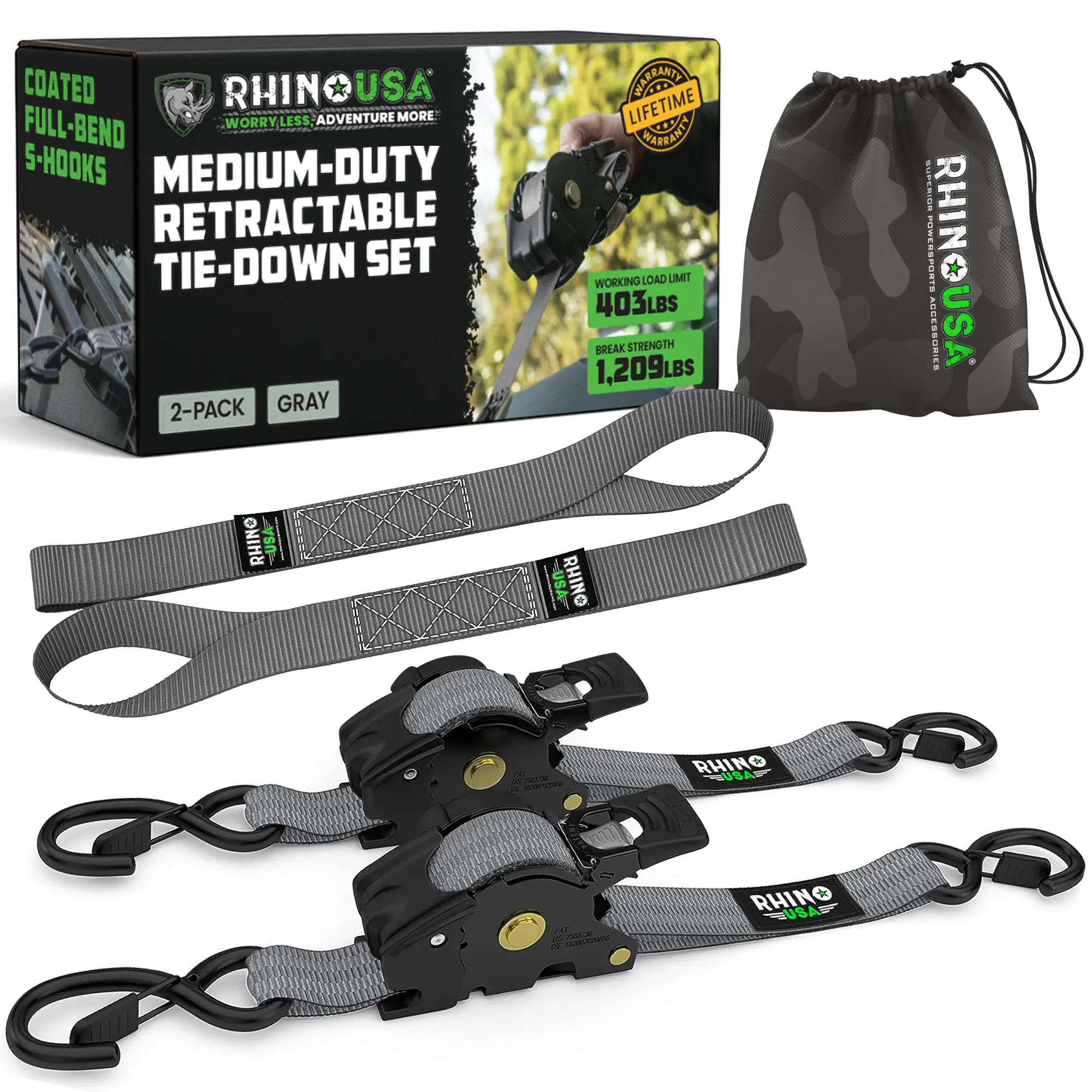 Rhino USA 1" x 10' Retractable Ratchet Straps (select 2 pack or 4 pack) - Medium Duty Self Retracting Tie Down Straps for Truck, Cargo Trailer