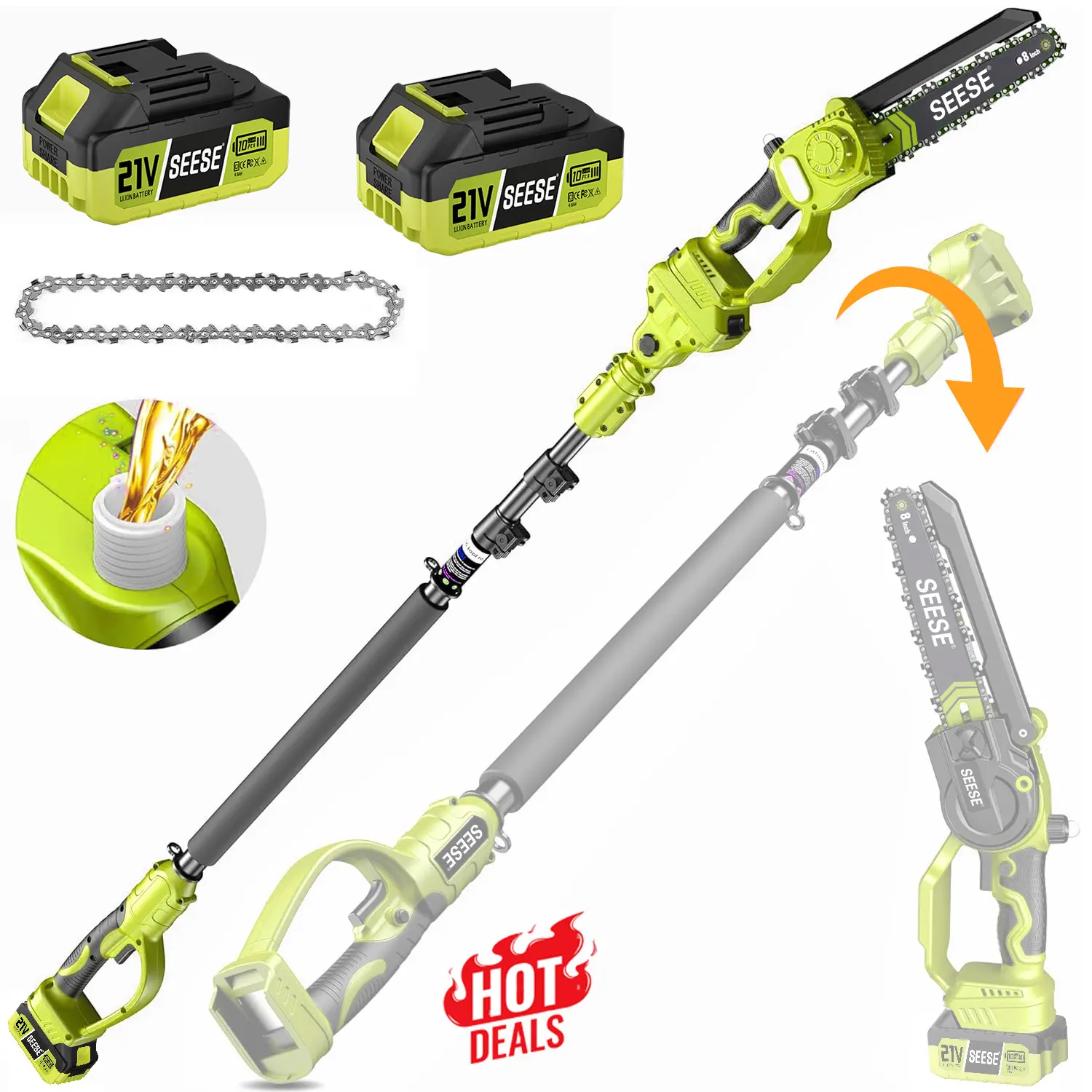 【Fathers DayGift】2 in 1 Mini Chainsaw with 2 x 21V Batteries, 8" Brushless Electric Pruner, Telescopic Pruning Saw, Working Height up to 15ft, 180° Angled Head