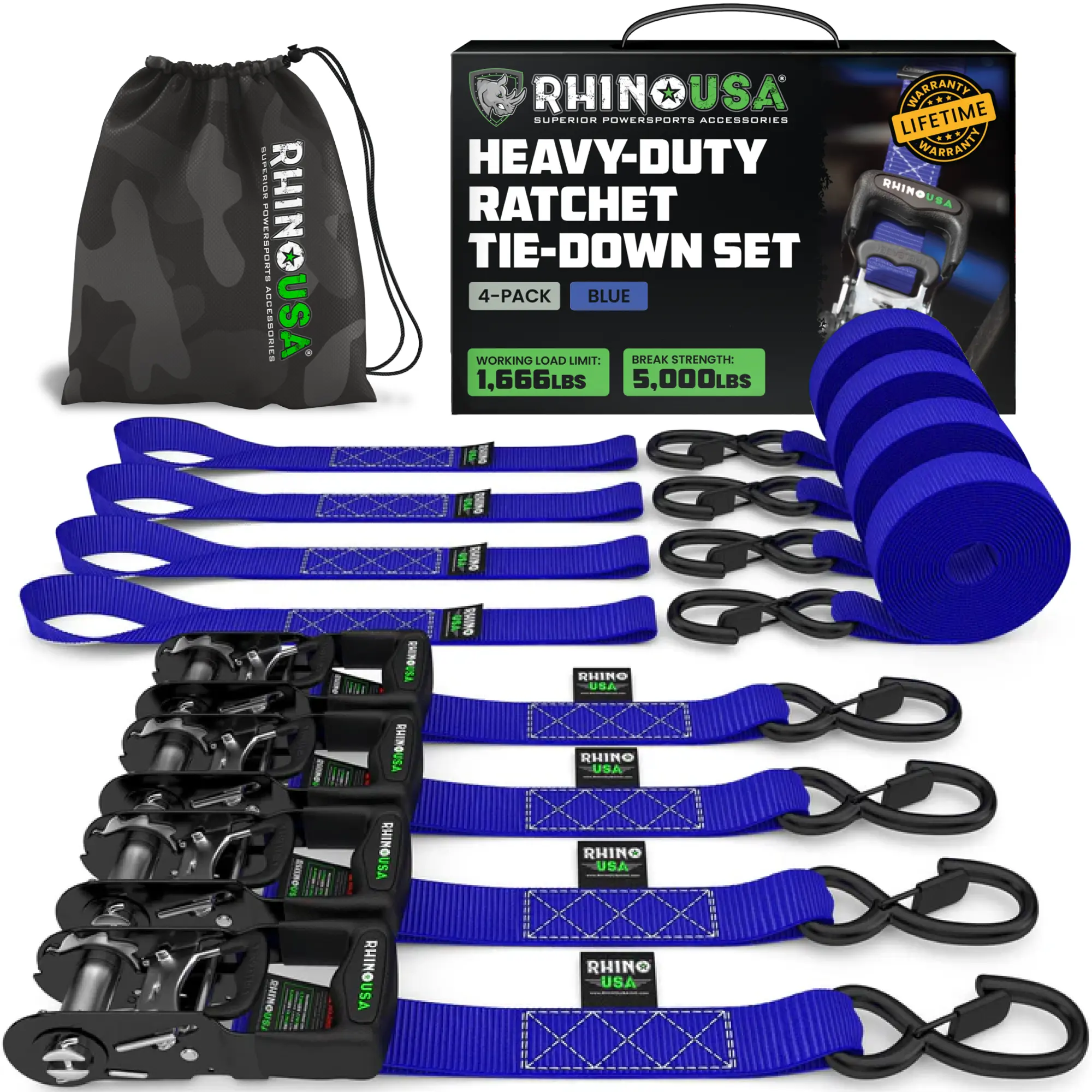 TRADITIONAL Ratchet Straps Heavy Duty Kit - 1.6 Inch x 8ft -15ft (5,208lb Break Strength) 2-4 pack
